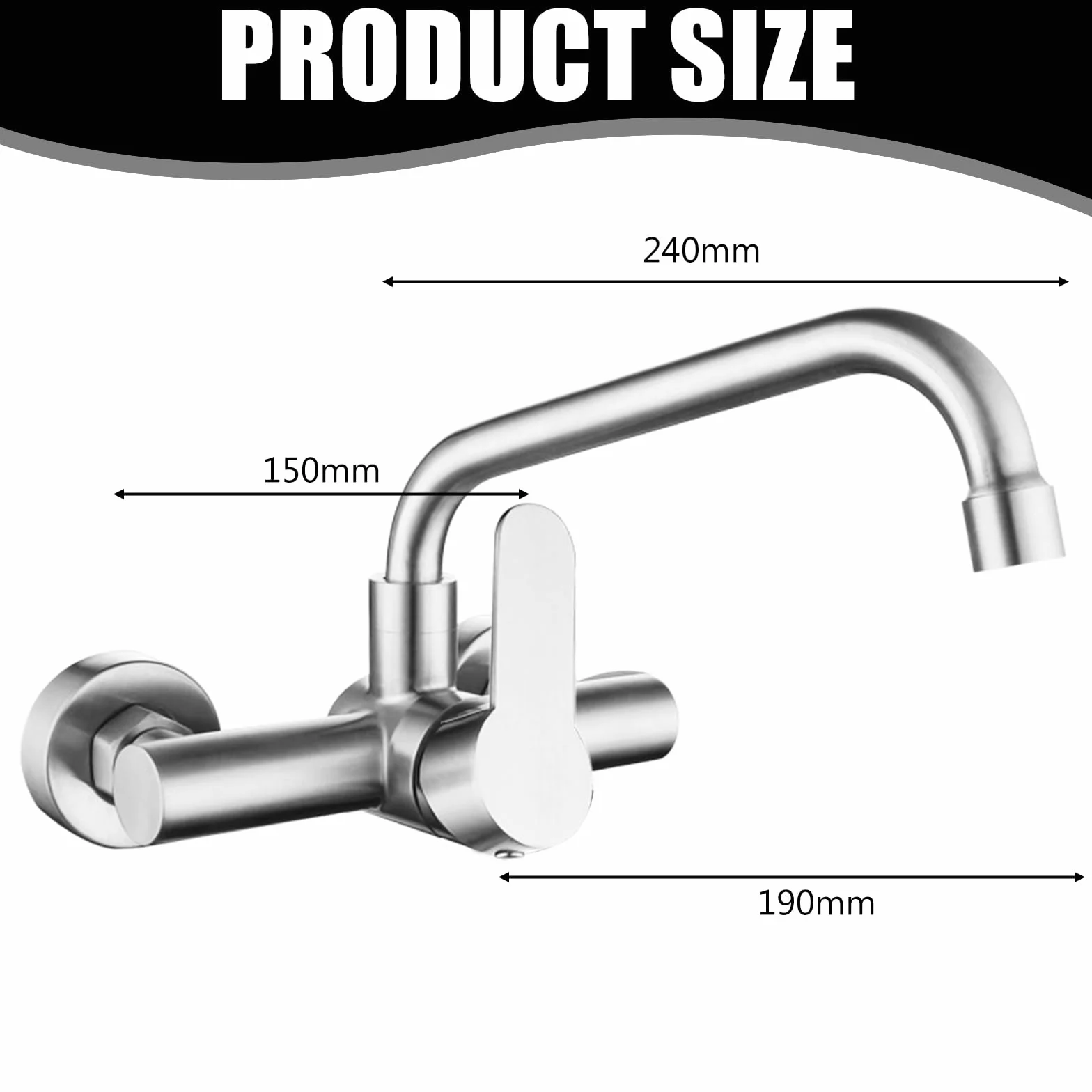 Grifo de cocina de montaje en pared, grifería de acero inoxidable, caño giratorio 360° mate
