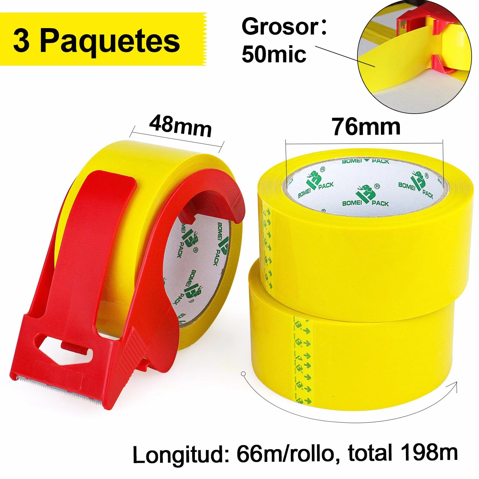 BOMEI PACK 3 Rollos 48mmx66m Amarillo Cinta Adhesiva de Embalar para Embalaje de Cajas de Cartón de Envíos y Mudanzas. Precinto para Empaquetados Resistentes