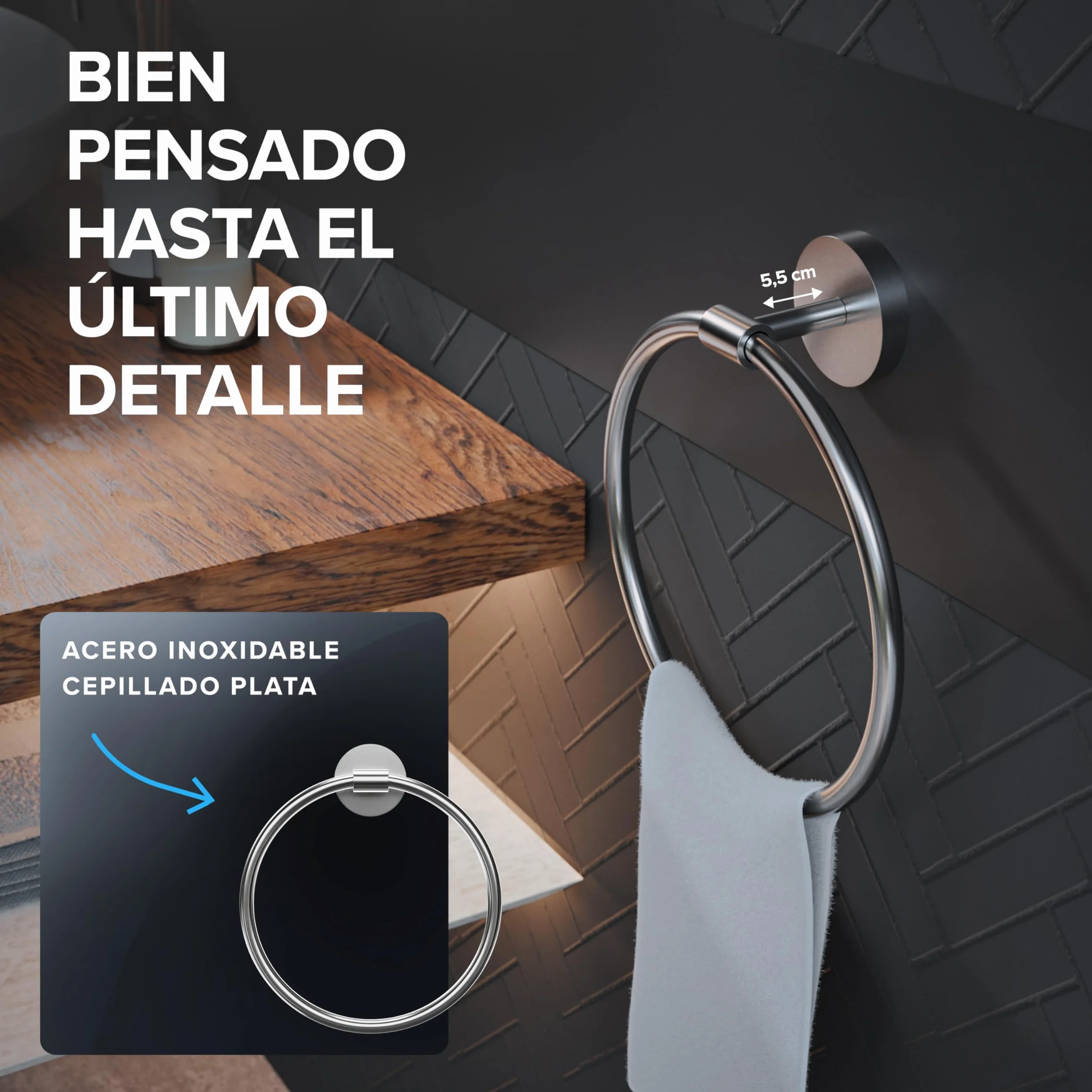 Ovimarin Anillo de toalla Rubjerg rectangular acero inoxidable plateado toallero para taladrar fijación en la pared baño