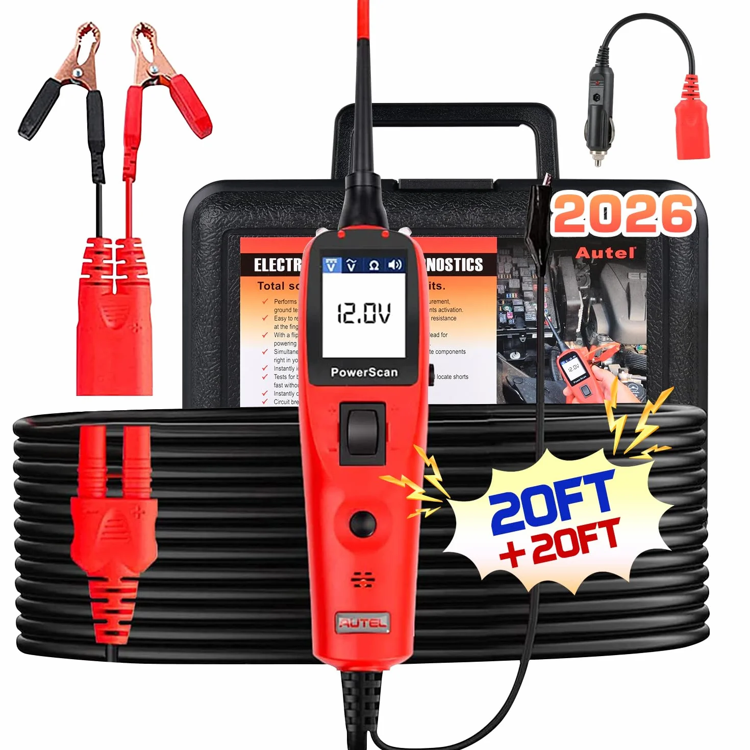 2026 Autel PowerScan PS100 Probador Circuito Auto, Herramienta Sonda Circuito Eléctrico, Detector Cortocircuito Disyuntore Abierto 12-24V, Resistencia Corriente CA/CC, Cable Extensión 6M para 99% Auto