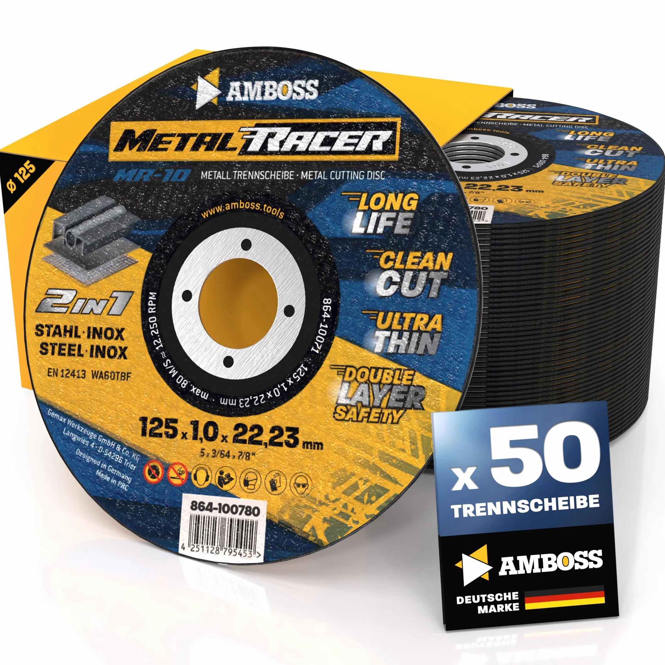 50 discos de corte de metal de 125 x 1 x 22,23 mm – El disco de corte de Metal Racer by AMBOSS WERKZEUGE es adecuado para acero y acero inoxidable