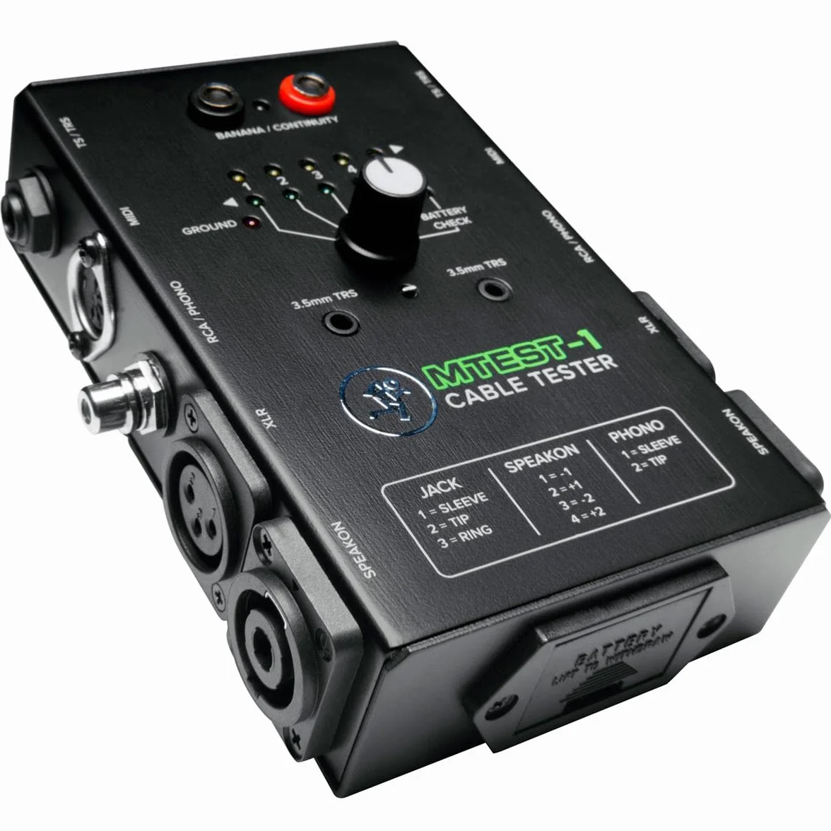 MACKIE MTest-1 comprobador de cables tester 6 pines 7 conectores TRS TS 1/4" 1/8" XLR RCA Speakon MIDI Banana