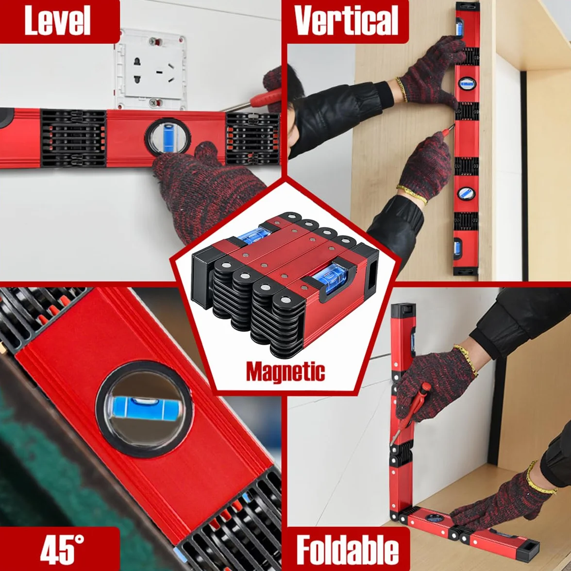N&S Juvyig - Herramienta de nivel plegable multifunción – Instrumentos de medición multi-ángulo para trabajar la madera – Nivelación precisa en cualquier posición con regla magnética (aleación)