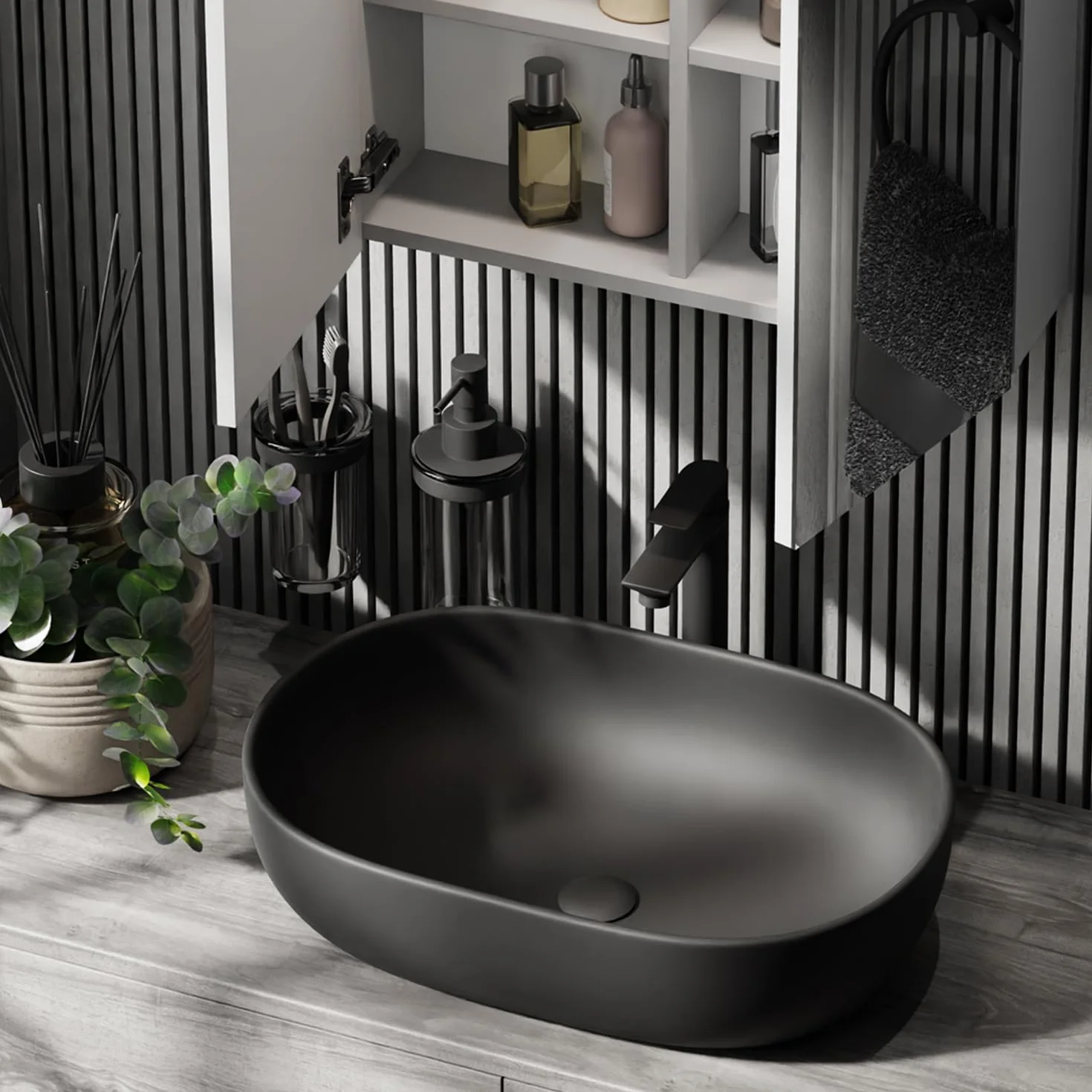 Planetmöbel Aquil Deluxe Lavabo Oval | Lavabo de encimera para baño y aseo de invitados | Lavabo sin orificio para grifo y desagüe | Negro mate, 60 x 40 x 15 cm