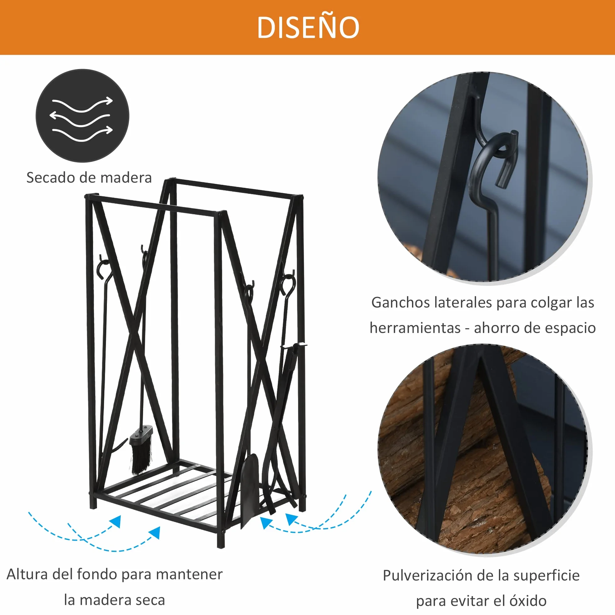 HOMCOM Estante de Leña para Chimenea Soporte para Leña con 4 Herramientas Incluidas Marco de Acero Estable Carga 100 kg para Exterior e Interior 46x30x76 cm Negro