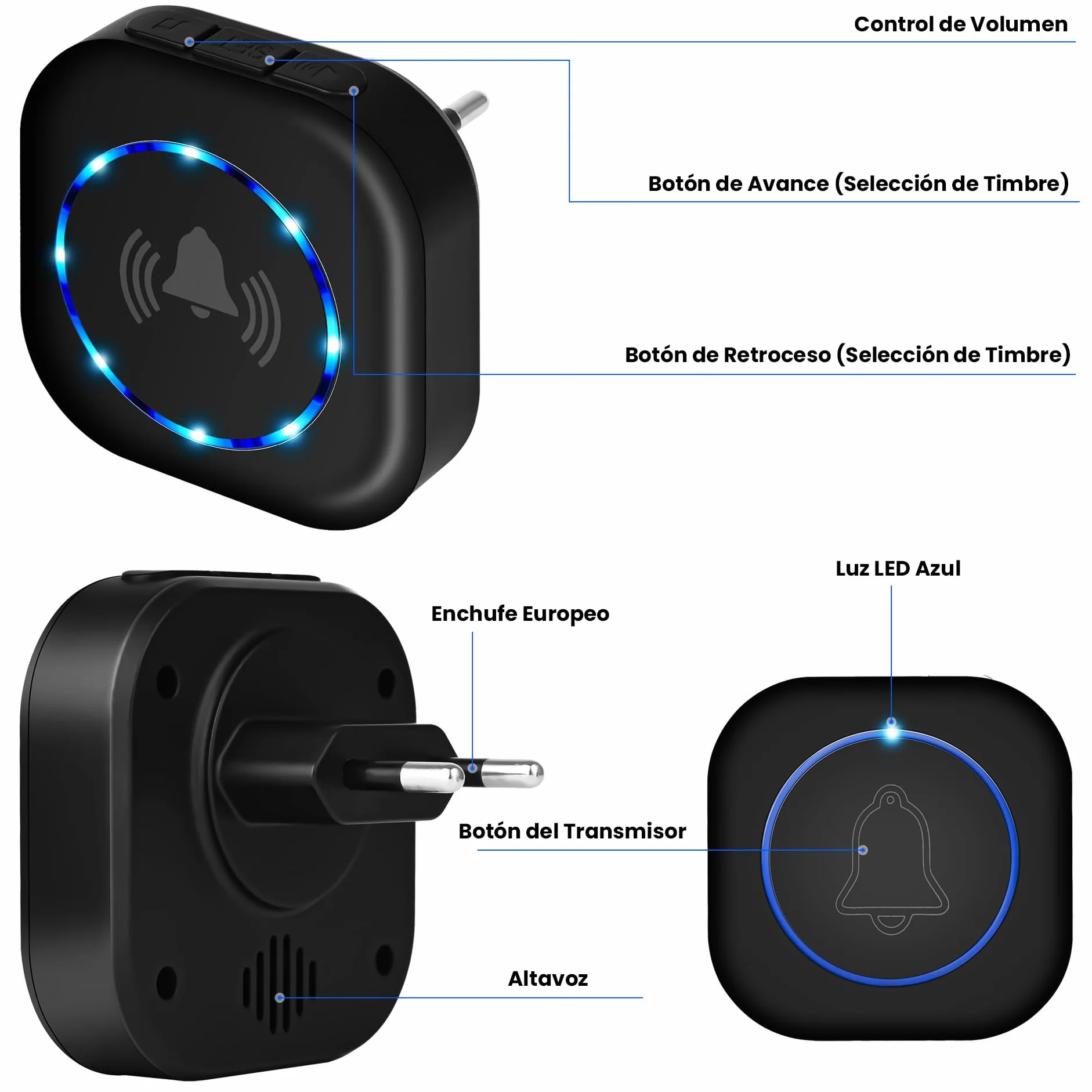 Timbre Inalámbrico Impermeable IP55 300 Metros 38 Melodías 4 Niveles de Volumen 0-110dB Enchufable para Puerta