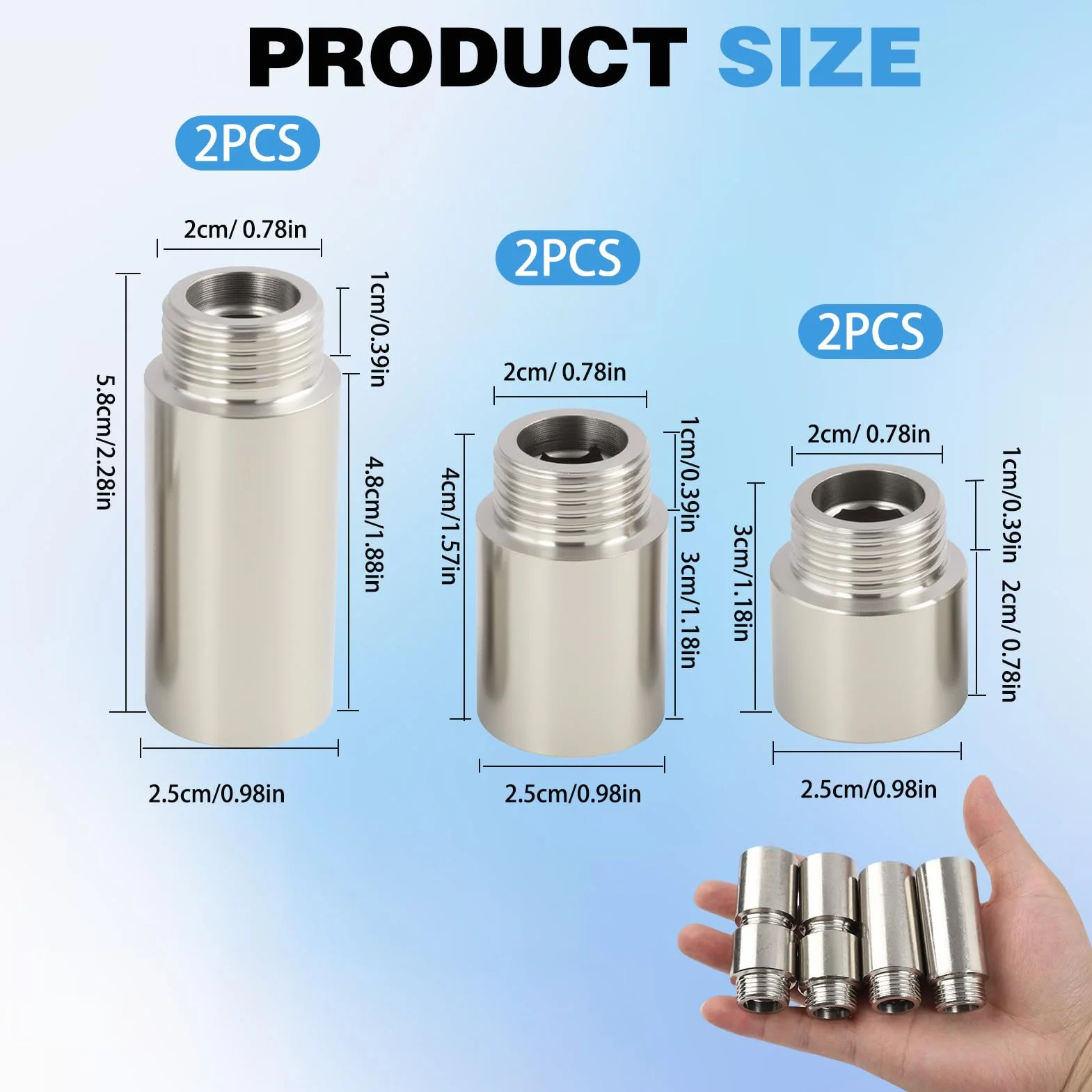 6 Piezas Extensiones de Grifo de 1/2 Pulgada, Racor de Prolongación de Acero Inoxidable, Adaptador de Grifo 1/2, Conector de Aireador de Grifo para Ducha y Tuberías de Agua