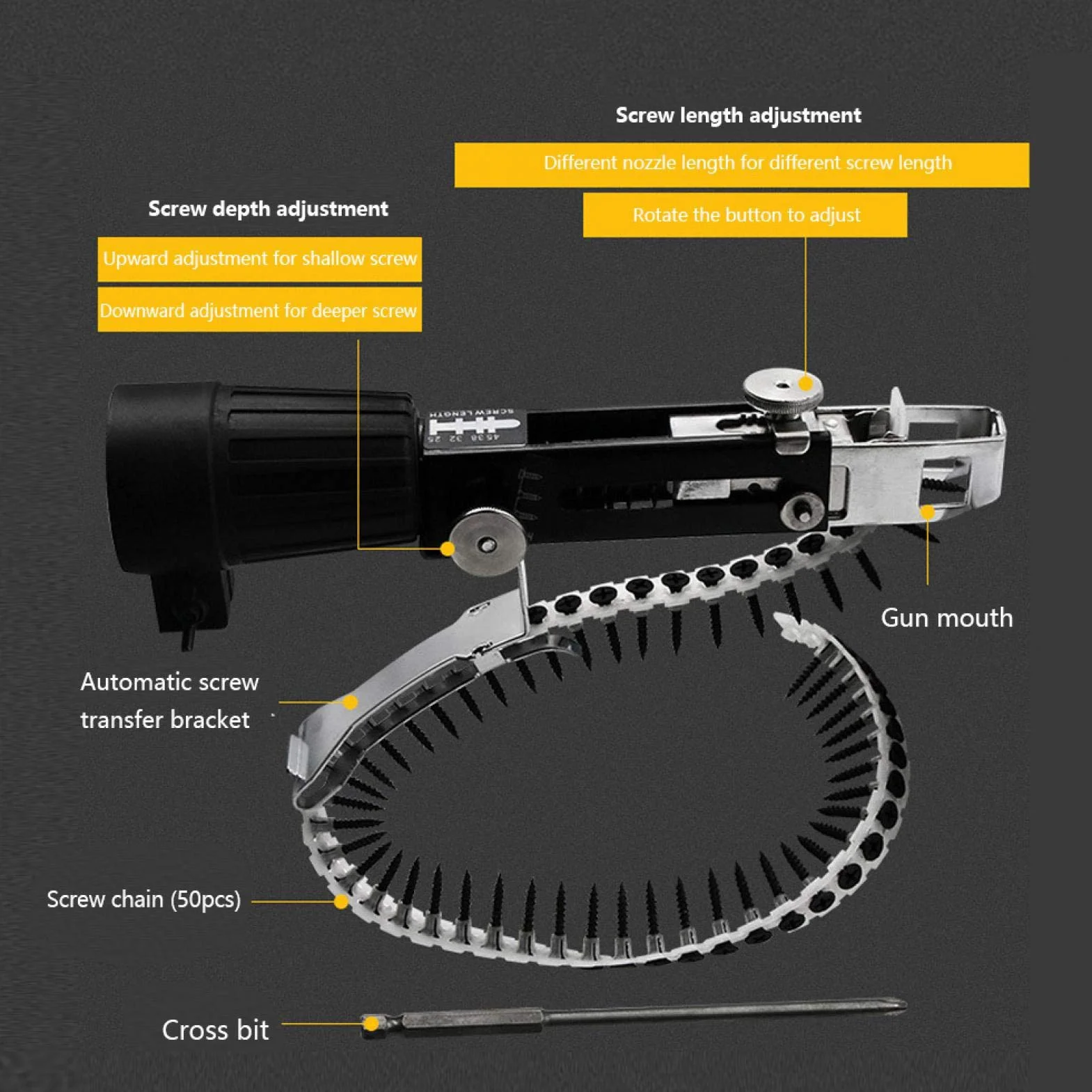 Pistola de tornillos de plataforma, Pistola de tornillos para paneles de yeso, Adaptador de cadena de tornillo de taladro de cadena de clavos automático para accesorio de taladro eléctrico