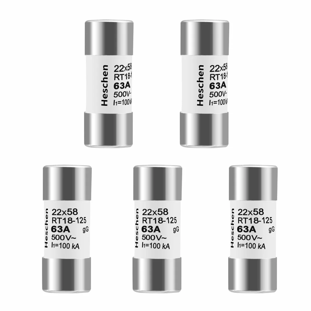 Heschen Eslabón fusible de tubo cerámico cilíndrico RT18-125(RO17) 22x58mm 63A 500VAC gG 5 Unidades