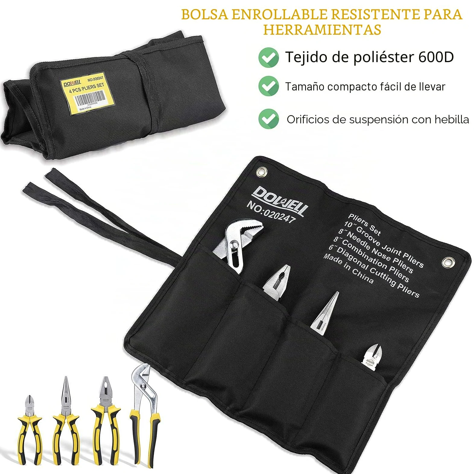 DOWELL Juego de 4 Alicates Con Bolsa de Almacenamiento - Punta Larga 8", Línea 8", Diagonales 6", Junta de Ranura 10"