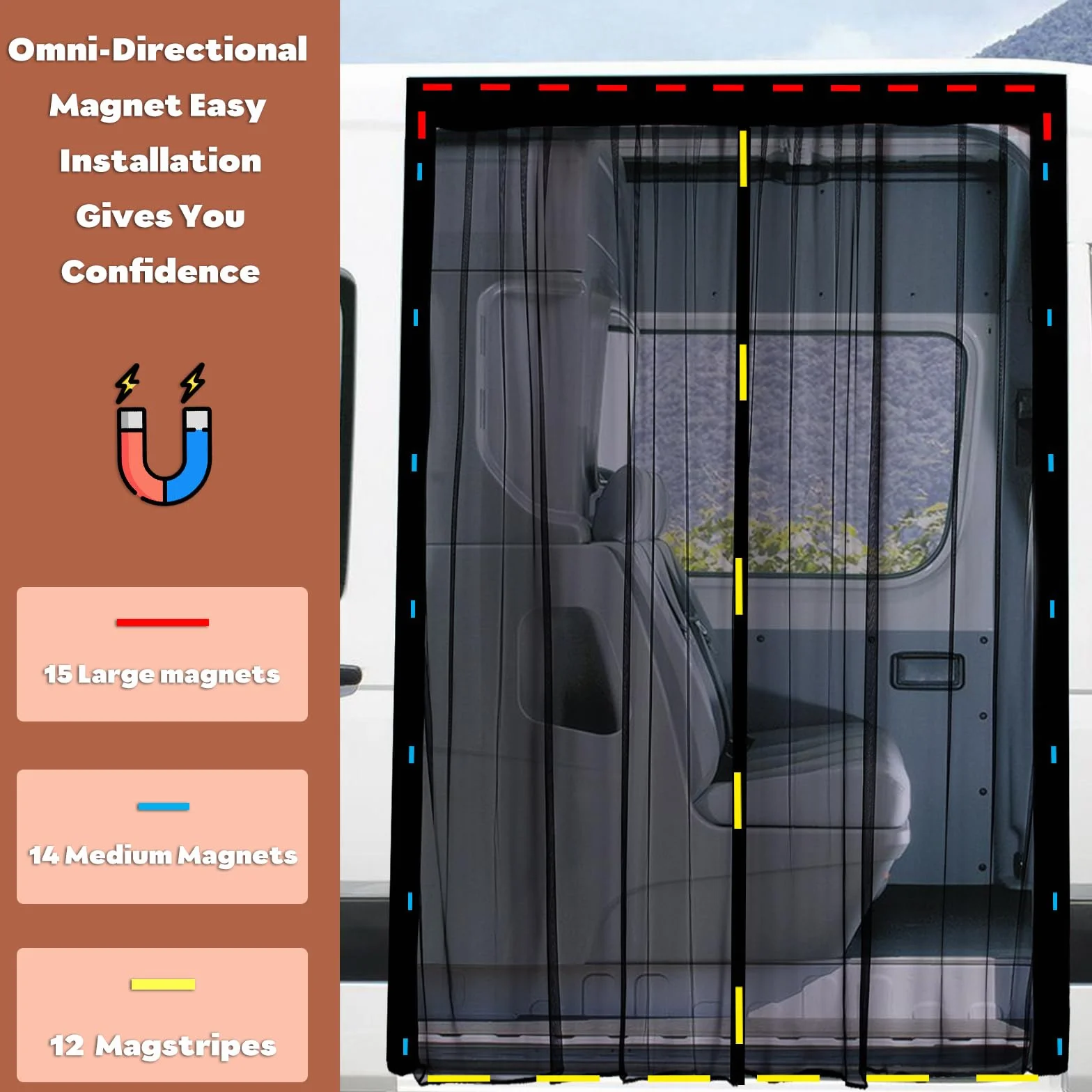 Mosquitera magnética para furgoneta, mosquiteras para coche, imanes Universa, cierre magnético central, autocaravanas, puerta lateral/maletero, ventilación, 180 x 150 cm