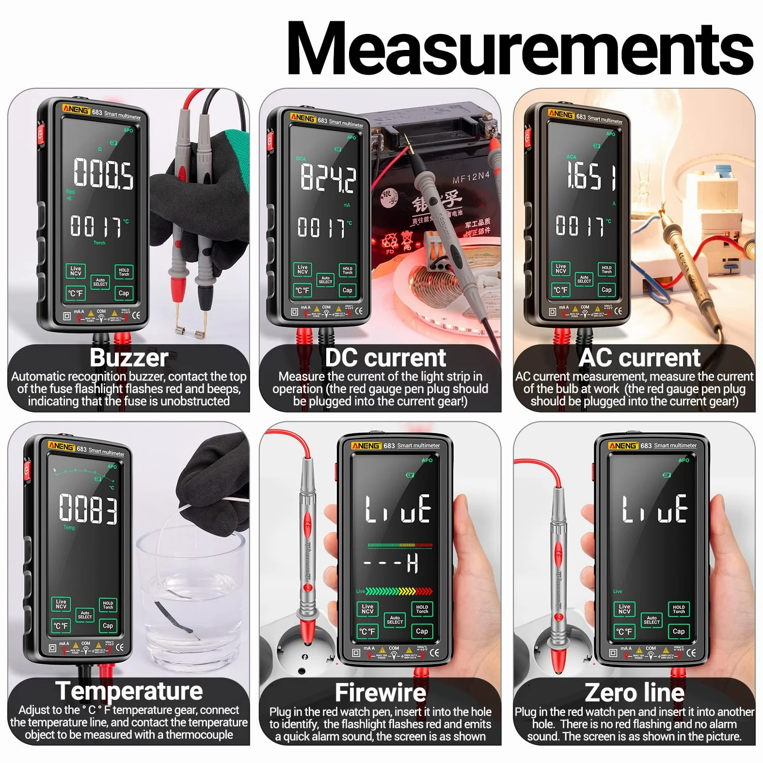 Irfora 683 6000 Cuentas Gran Multimetro Digital de Pantalla Táctil Inteligente Anti-Quemadura Recargable Medidor Universal Inverso de CA Display NCV con Linterna para Voltaje, Corriente, Resistencia,