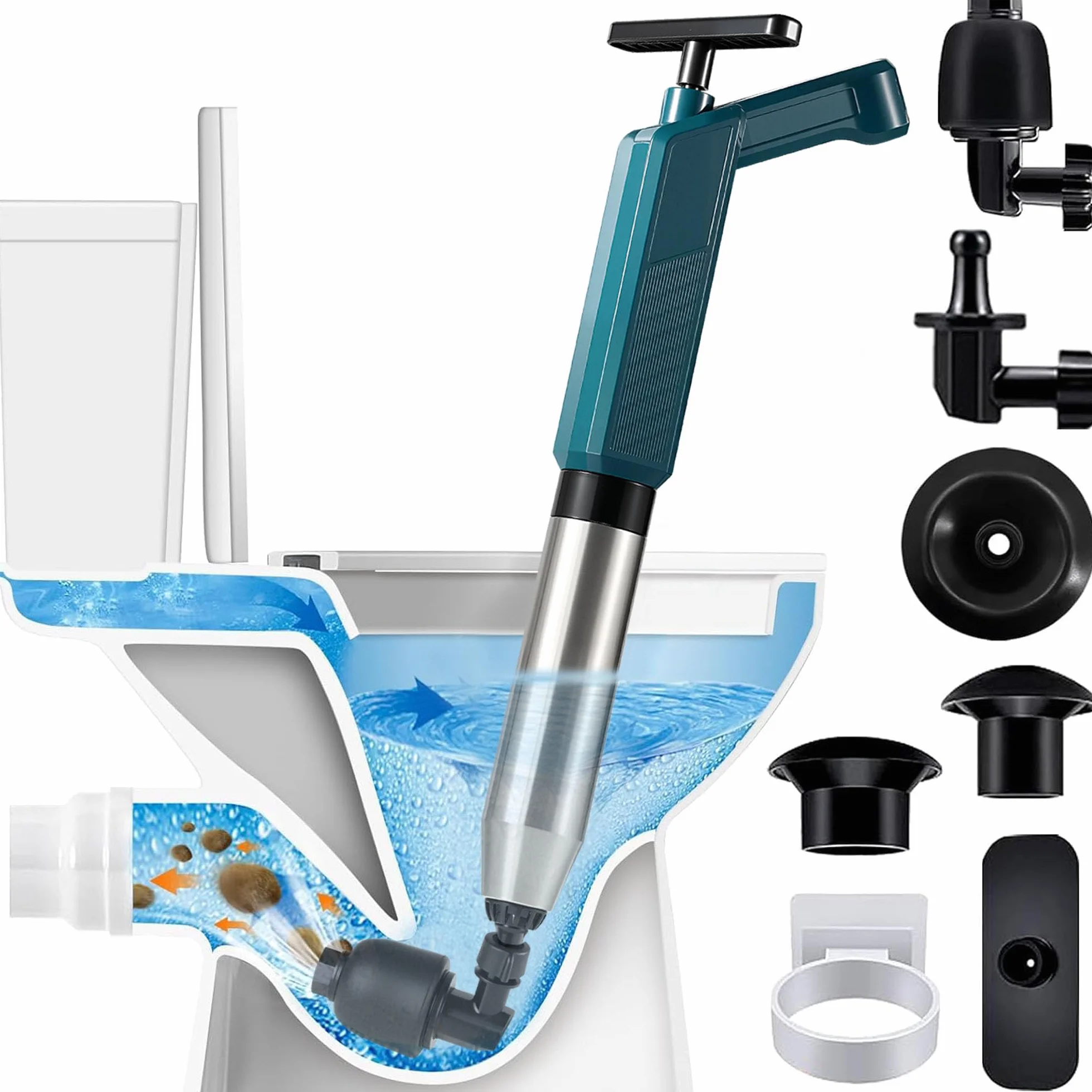 OLAX Desatascador de Tuberías con Aire Comprimido, Desatascador Profesional con 4 Cabezas de Pistón e Inflador, Kit de Desatascador wc para Inodoro, Lavabo, Ducha, Bañera y Fregadero de Cocina