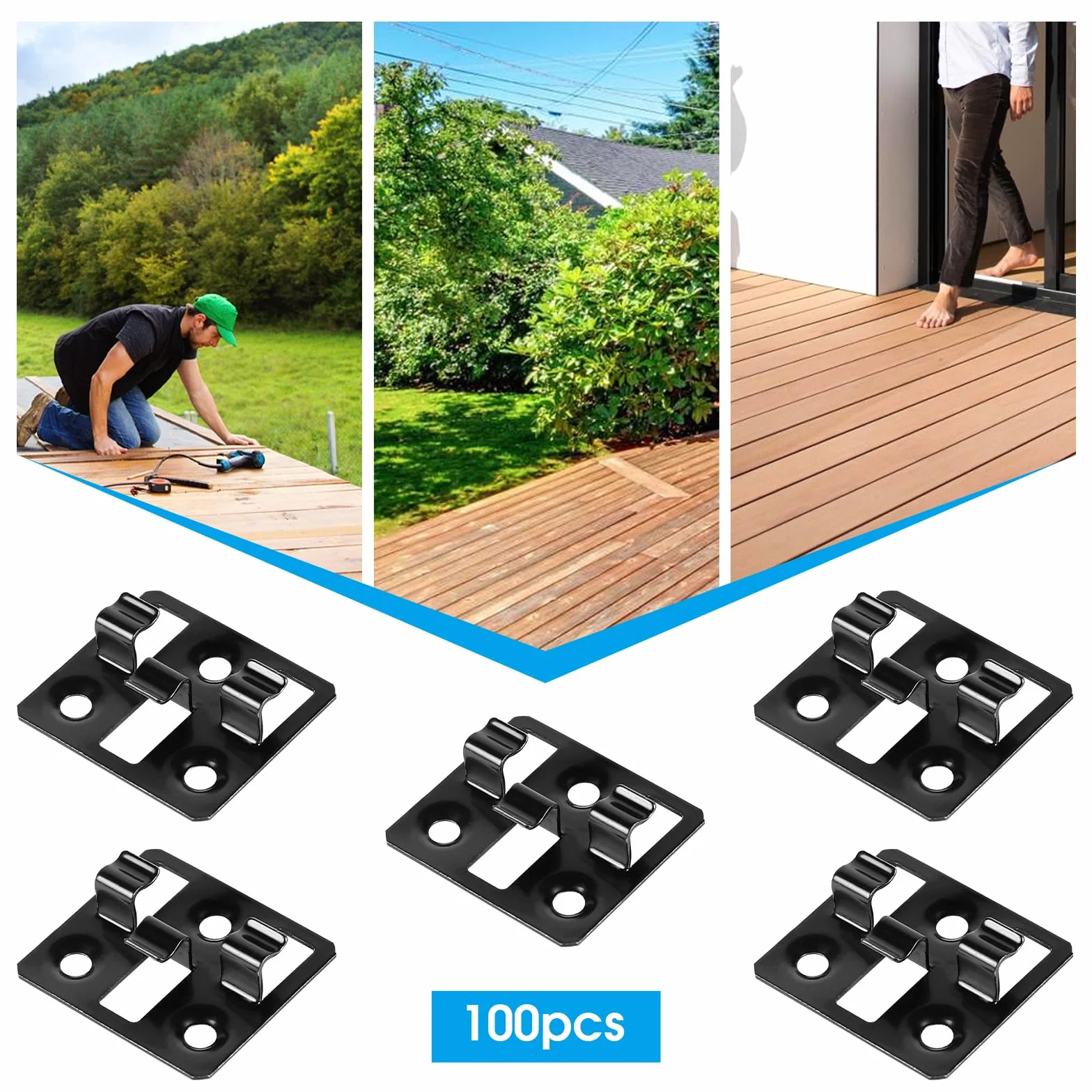 100 unidades Clips para tarimas WPC en acero inoxidable, Clips ocultos, Separadores para fijación de tarimas (Negro, Espacio 5mm, Altura 8mm)