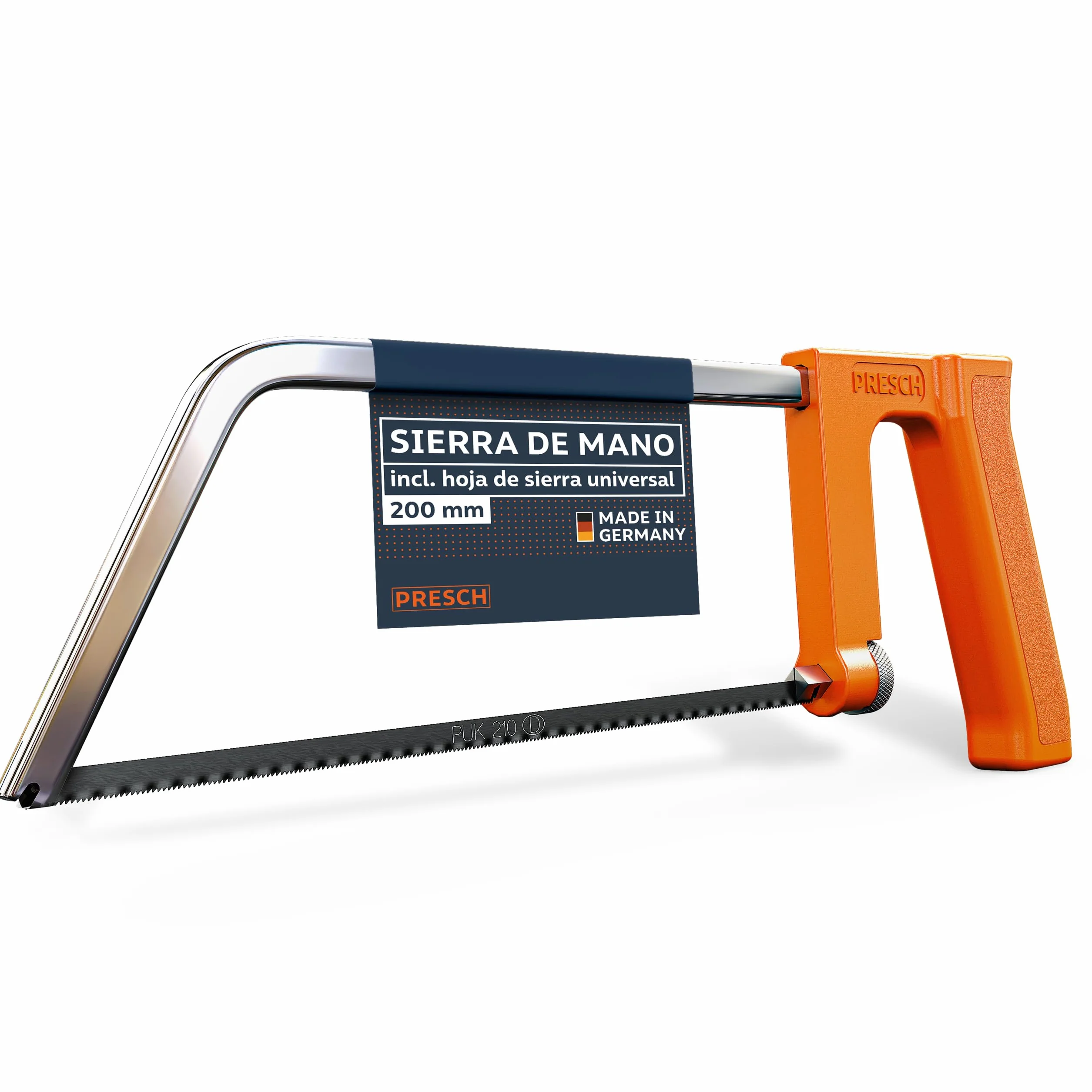 Presch Sierra de metal 200mm - Con hoja de sierra universal para cortes precisos - Cambio rápido de hojas de sierra - Mango ergonómico para serrar mejor - Sierra de arco pequeña, Sierra manual