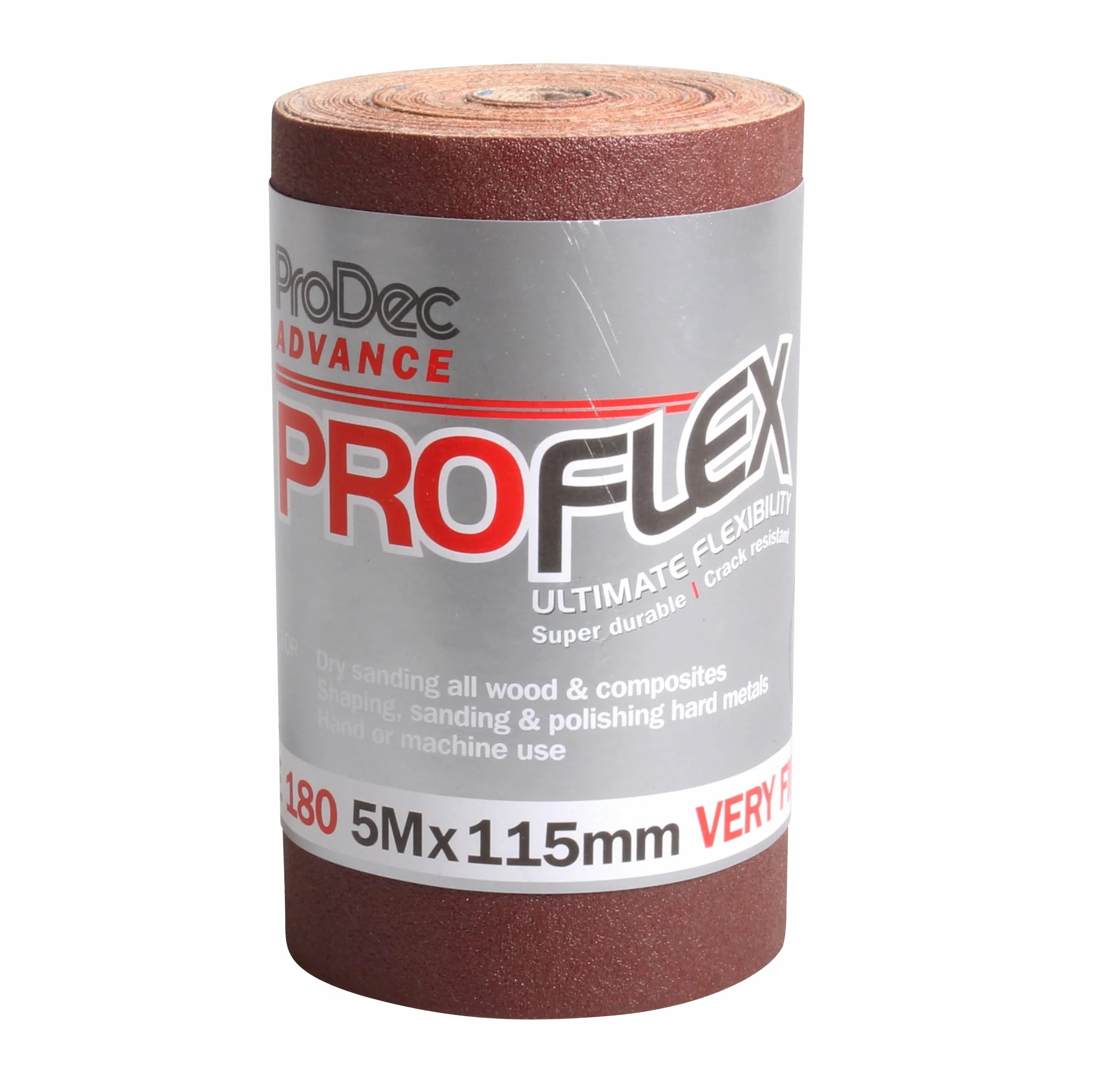 ProDec Advance Rollo de 5m 180 Grit Grado muy fino ProFlex Papel de lija de óxido de aluminio ultra flexible resistente a las grietas para lijar madera, pintura, yeso, masilla, metal y más
