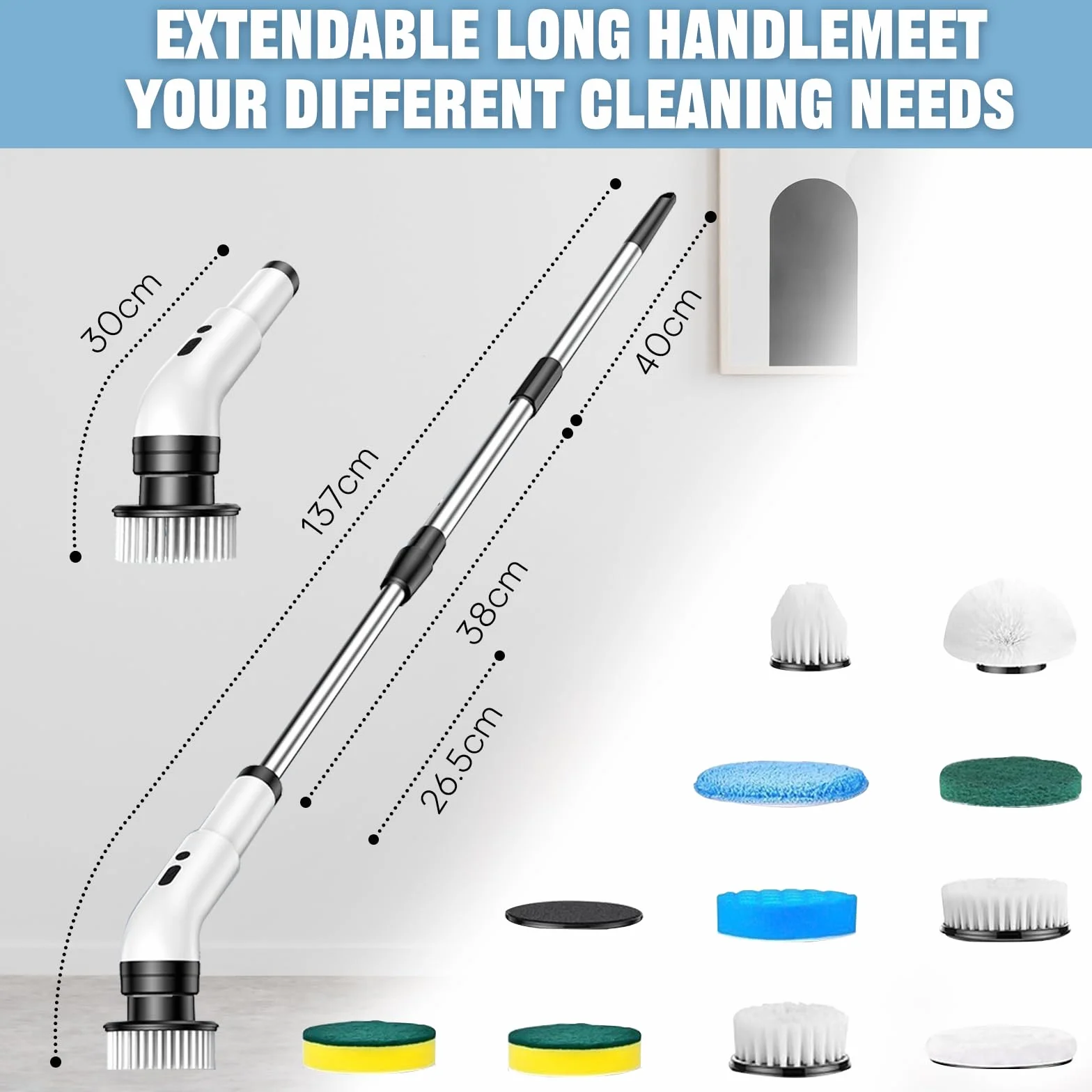 Cepillo Electrico Limpieza Hogar con 10 Cabezales Intercambiables, 3 Velocidades Ajustables 350-450 RPM/min, IPX7 Impermeable, con 140cm Mango Ajustable para baño, Cocina, Coche