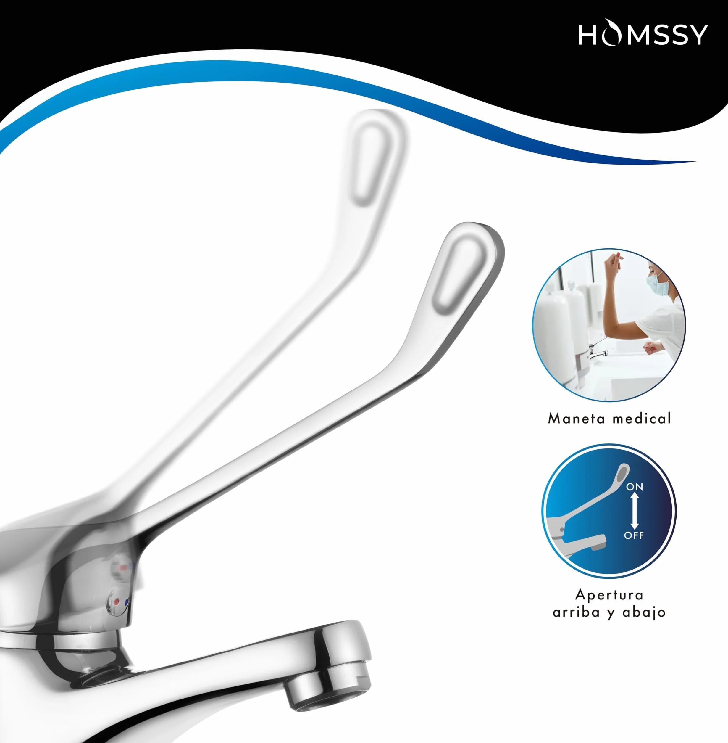Grifo Gerontológico para Lavabo, Mezclador Monomando de Baño, Grifo Medical con Maneta Higiénica de Codo, Diseño Ergonómico, Acabado Cromado Plata
