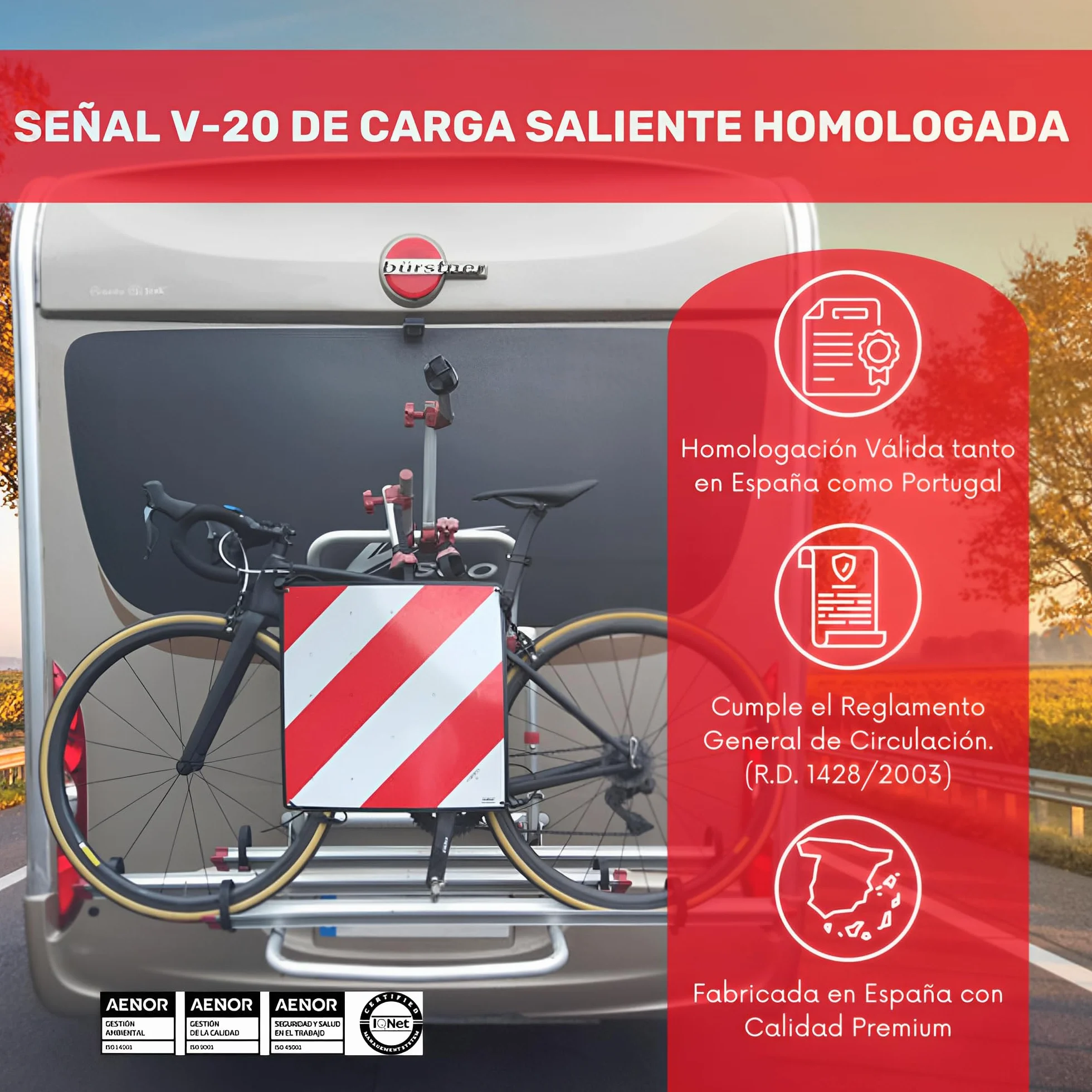 Placa V-20 Homologada Flexible para Portabicicletas | Señal V-20 Homologada Indicadora de Carga Saliente | Cartel V-20 Homologada DGT