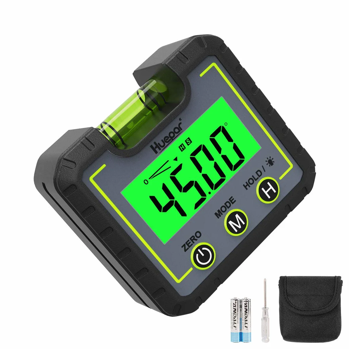Huepar Medidor de ángulos Medidor de inclinómetro digital LCD Mini caja nivel de buscador de ángulo con base magnética con ranura en V e inclinómetro de retroiluminado，0-360°Medición rápida-AG01