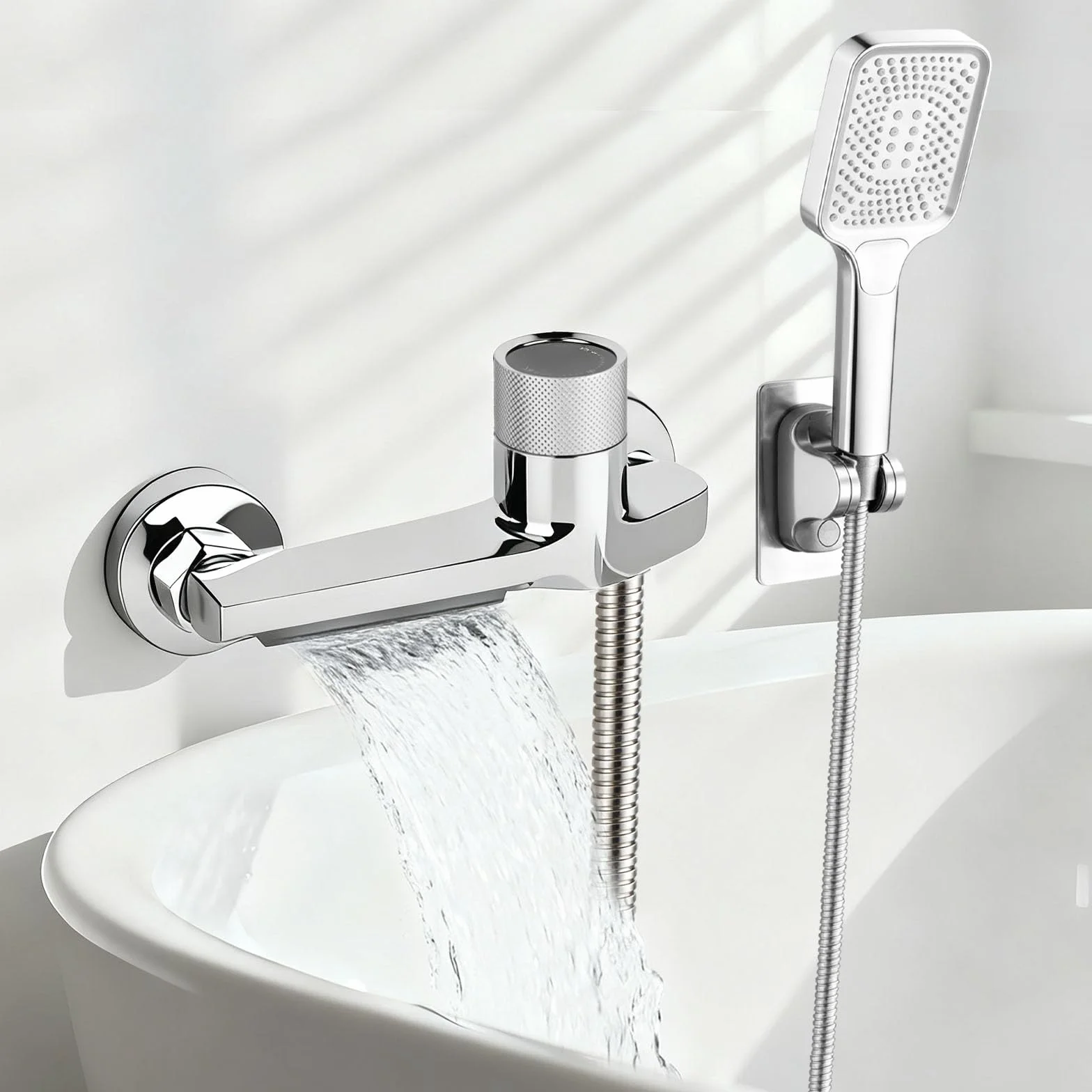 Grifo de bañera con termostato con 2 salidas, grifo de ducha con botón de seguridad, grifo mezclador para bañera y ducha, montaje en pared, cromado