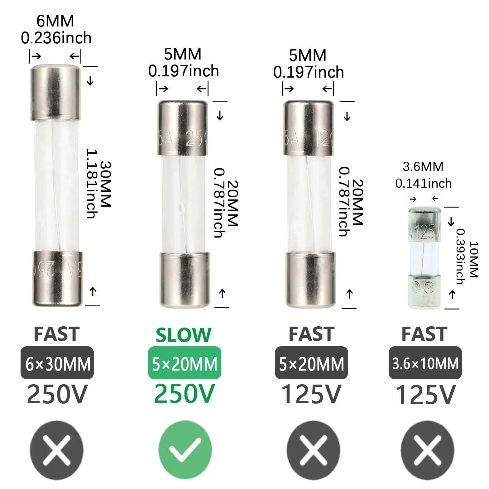 Fusibles de Vidrio de Soplado Lento 5x20MM T2A 2A 250V Retardo de Tiempo Kit