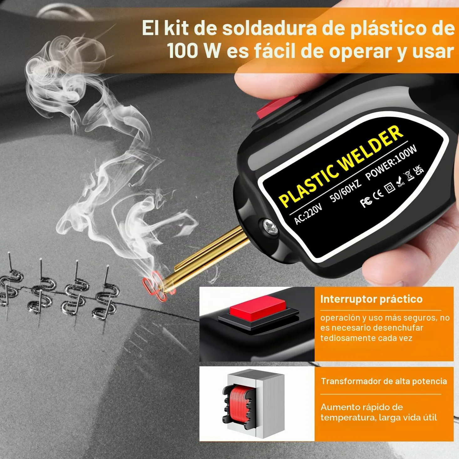 Máquina de soldadura de plástico de 100 W, kit de reparación de parachoques de coche, grapadora de calor con 200 clavos de soldadura, plana/esquina exterior/esquina interior/hebillas