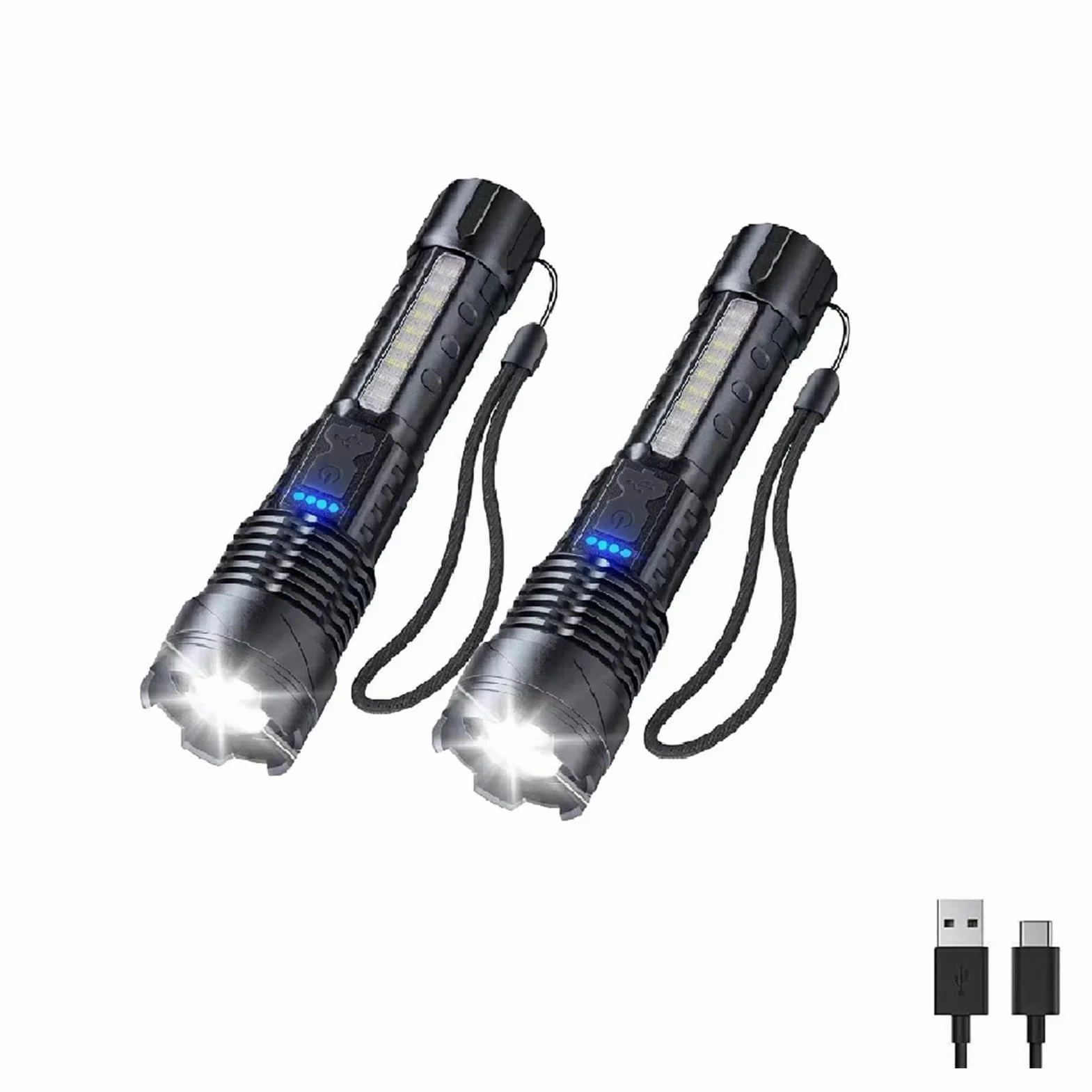 Outdoor Strong Light Flashlight USB Rechargeable 1500 Lumens, Earc Strong Flashlights High Lumens, Flash Lights for Camping, Waterproof, Zoomable(2 pc)