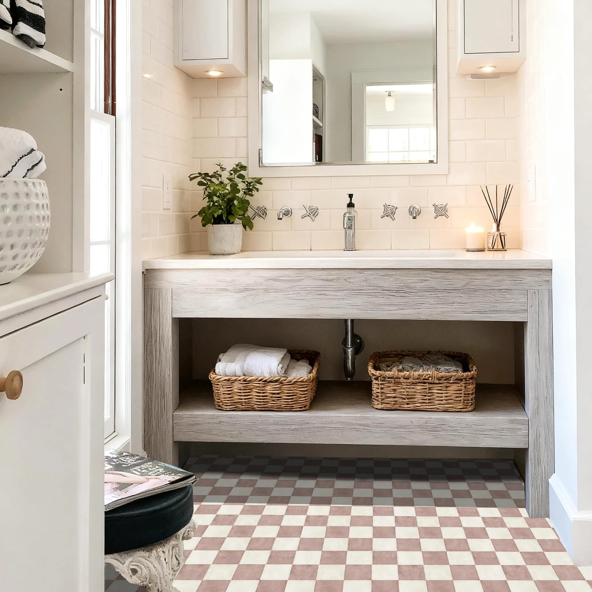Alwayspon 30 x 30 cm x 10 unidades autoadhesivas para pisos de suelo, pegatinas de vinilo antideslizantes impermeables para decoración de cocina, baño, salón, blanco y rosa a cuadros