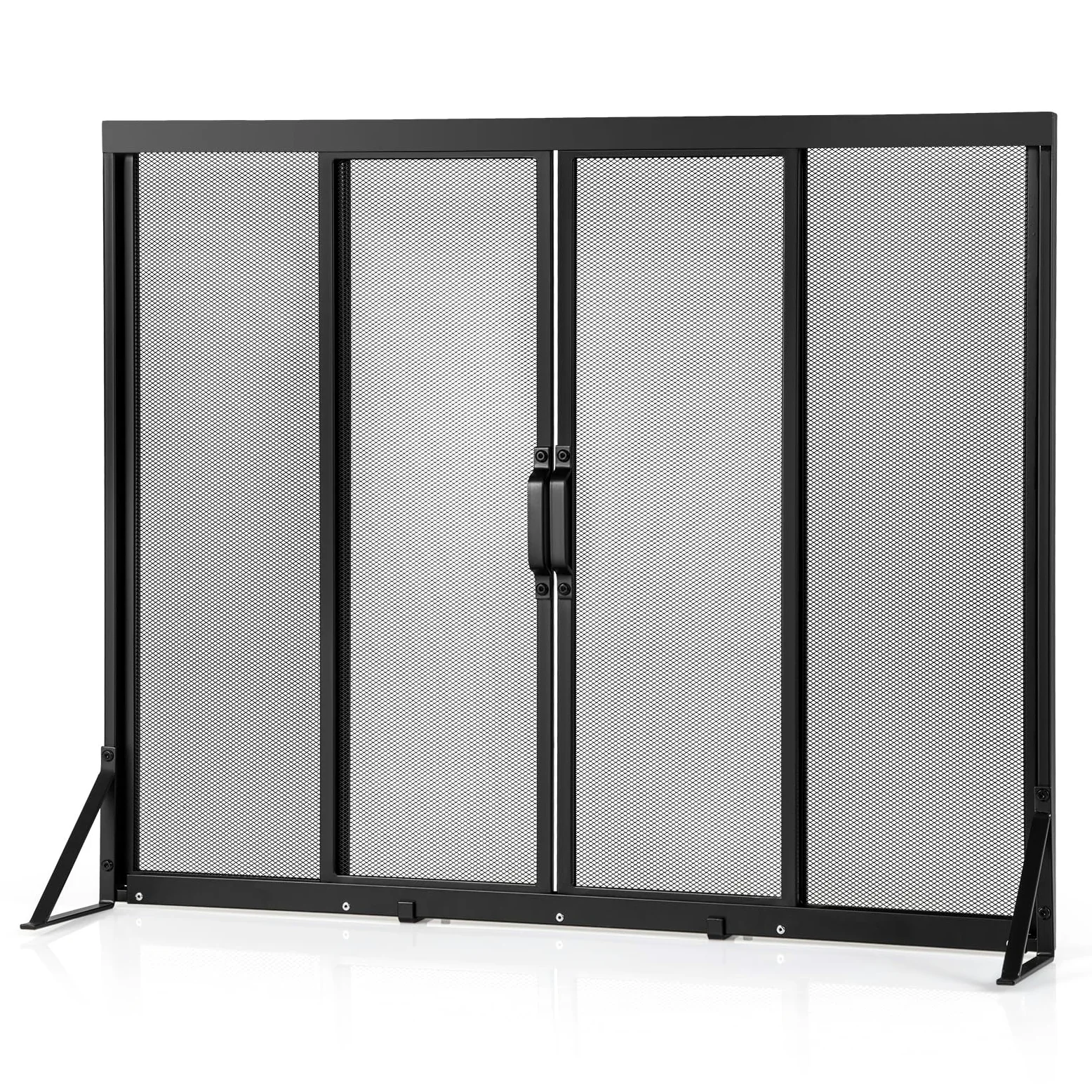 COSTWAY Protector de Chimenea con Puertas Corredizas, Salvachispas para Chimenea de Seguridad con Marco de Soporte Triangular, Malla Metálica, Pantalla para Chimenea de 4 Paneles en Hogar (96 x 79 cm)