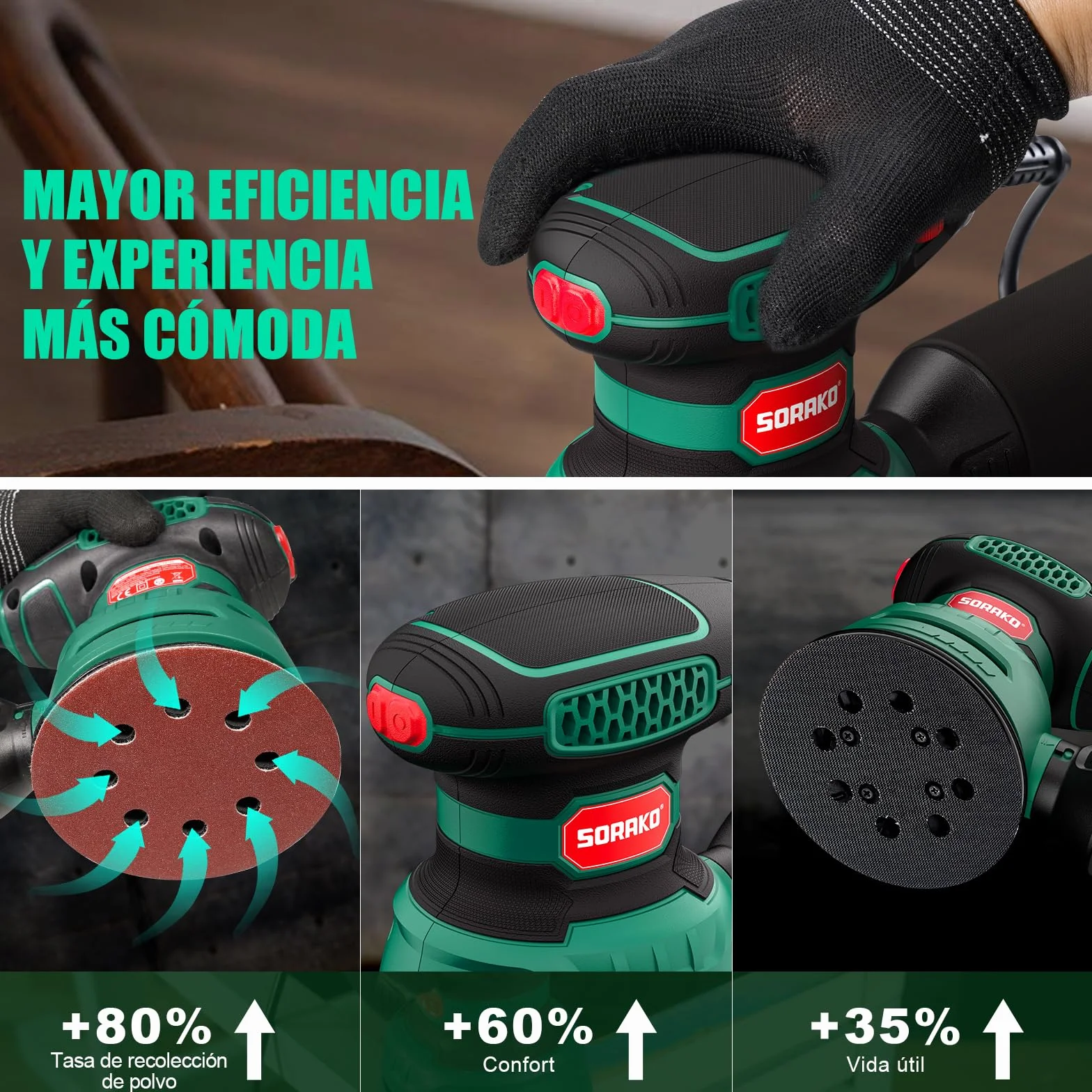 Lijadora Orbital 350W 125MM - 6 velocidades,16 hojas de lijado incluidas,con recolección de polvo y función de freno rápido,Ideal para lijar y pulir madera,en proyectos de afición