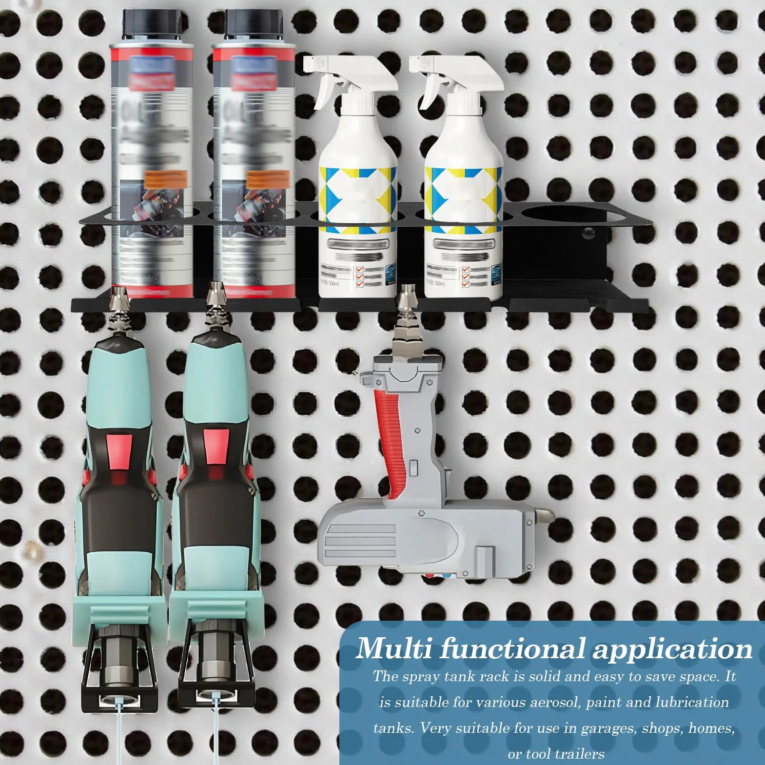 Estante de pared para botellas de spray, estante de almacenamiento, soporte para latas, soporte para espray con 5 agujeros y 6 soportes para latas para garaje y hogar