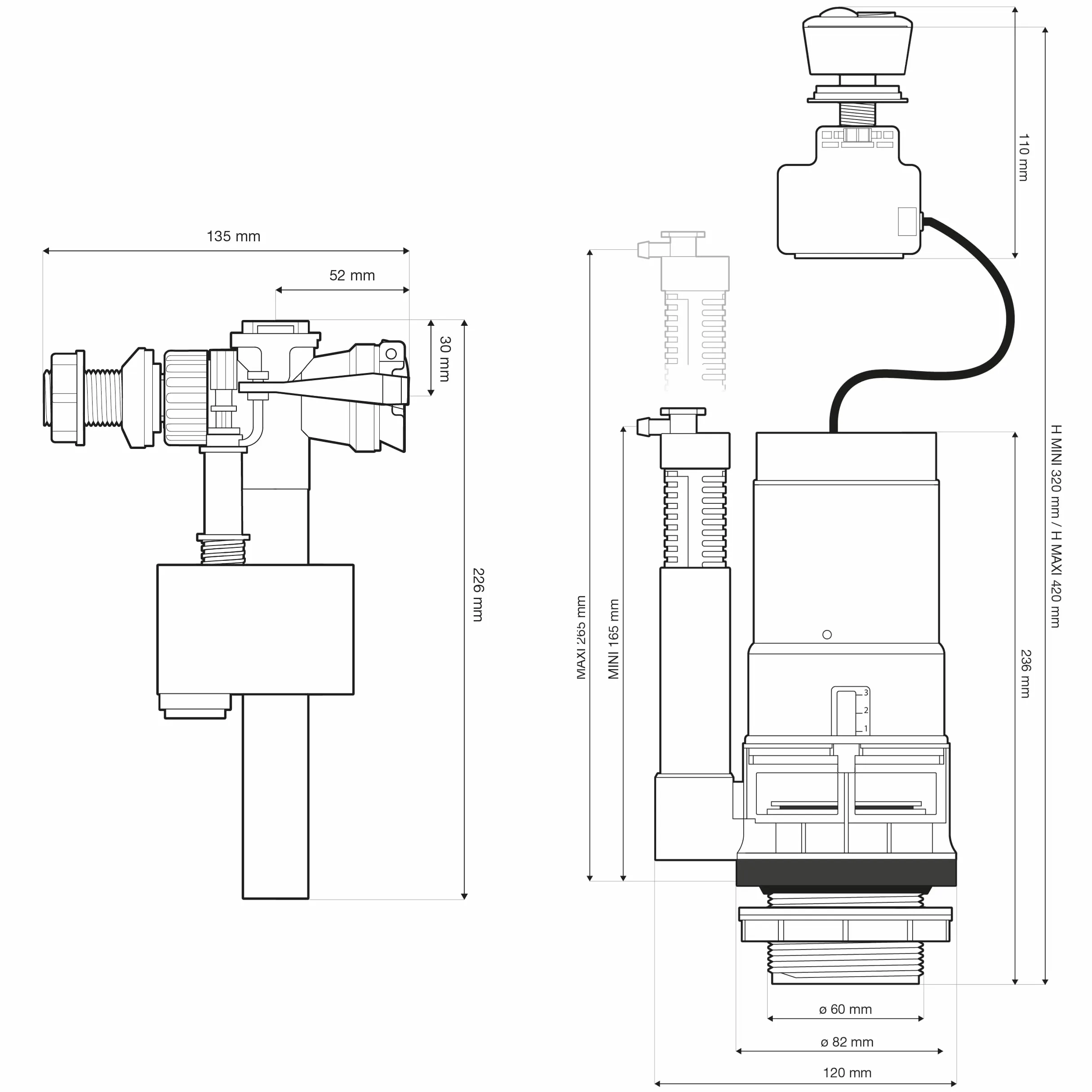 Conjunto de Descarga con Válvula Flotadora + Mecanismo de Inodoro con Cable y Botón Pulsador 3/6 L | Ahorro de Agua | Compatible con Cisternas | NOYON & THIEBAULT