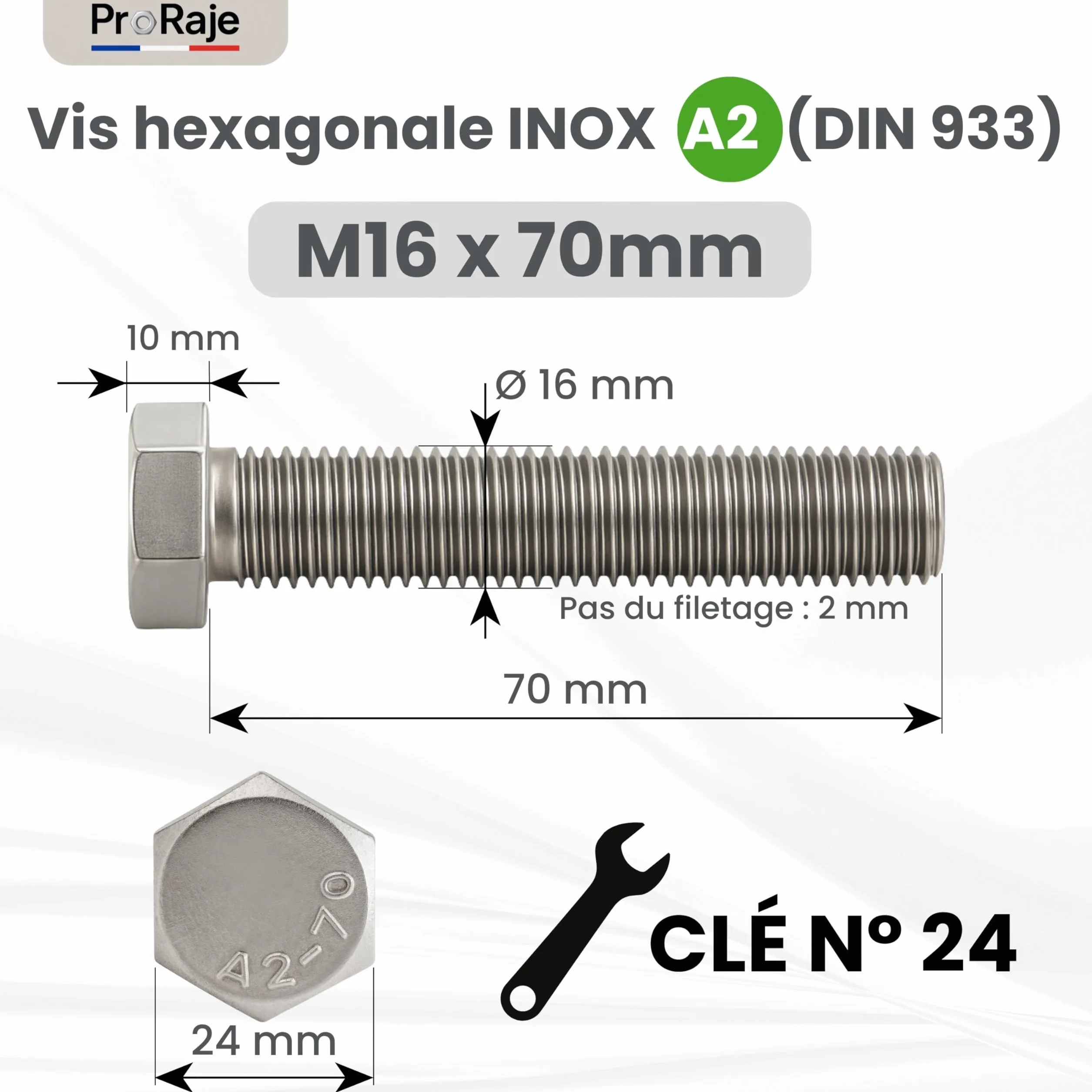 Tornillos de acero inoxidable M16x70 mm con rosca completa, cabeza hexagonal (M16 x 70) - Acero inoxidable A2 (304) - Tornillo de cabeza H (TH) - DIN 933: LOTE DE 10 piezas