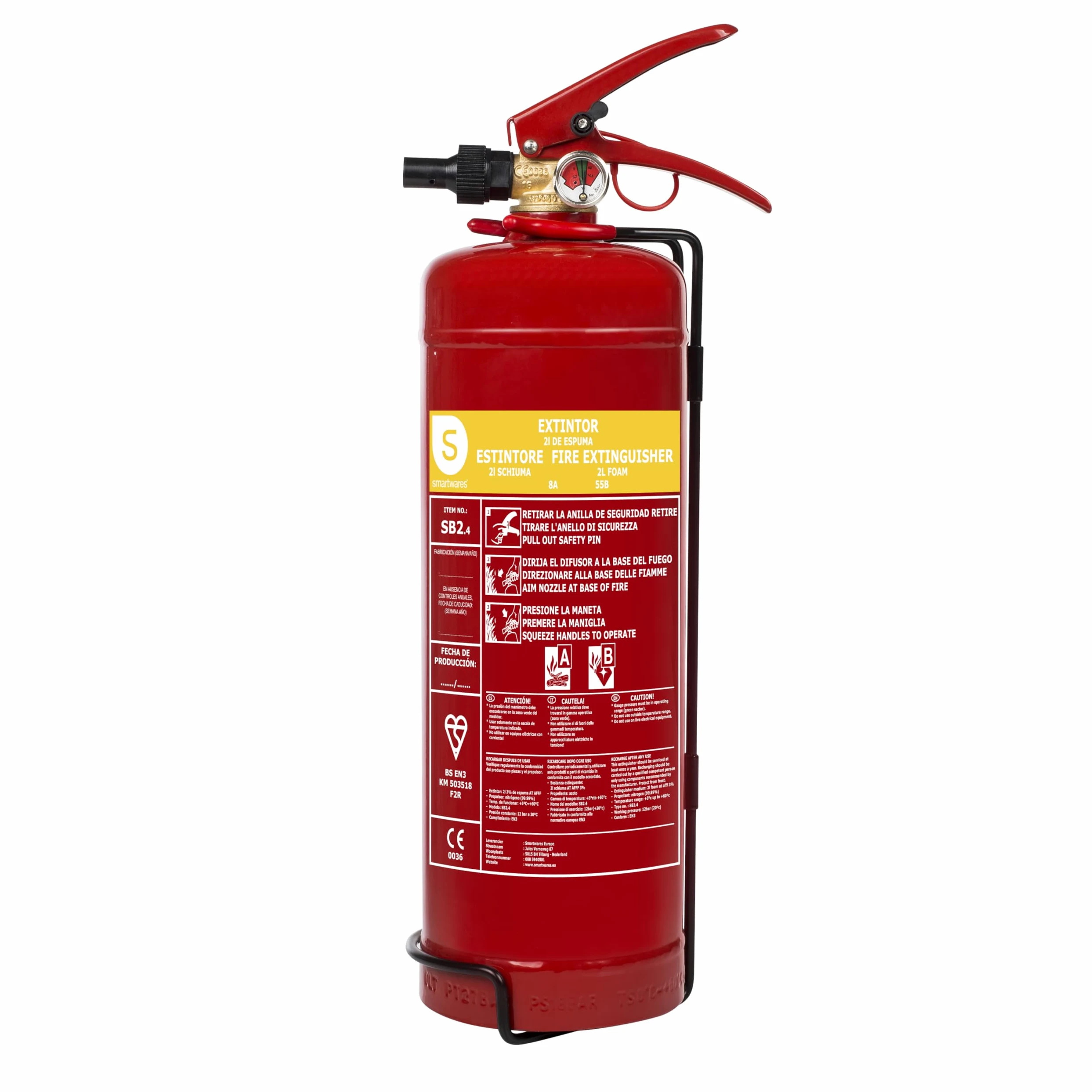 Smartwares - Extintor de Incendios - Espuma - 2 L - Fuegos de Clase AB - FEX-15222
