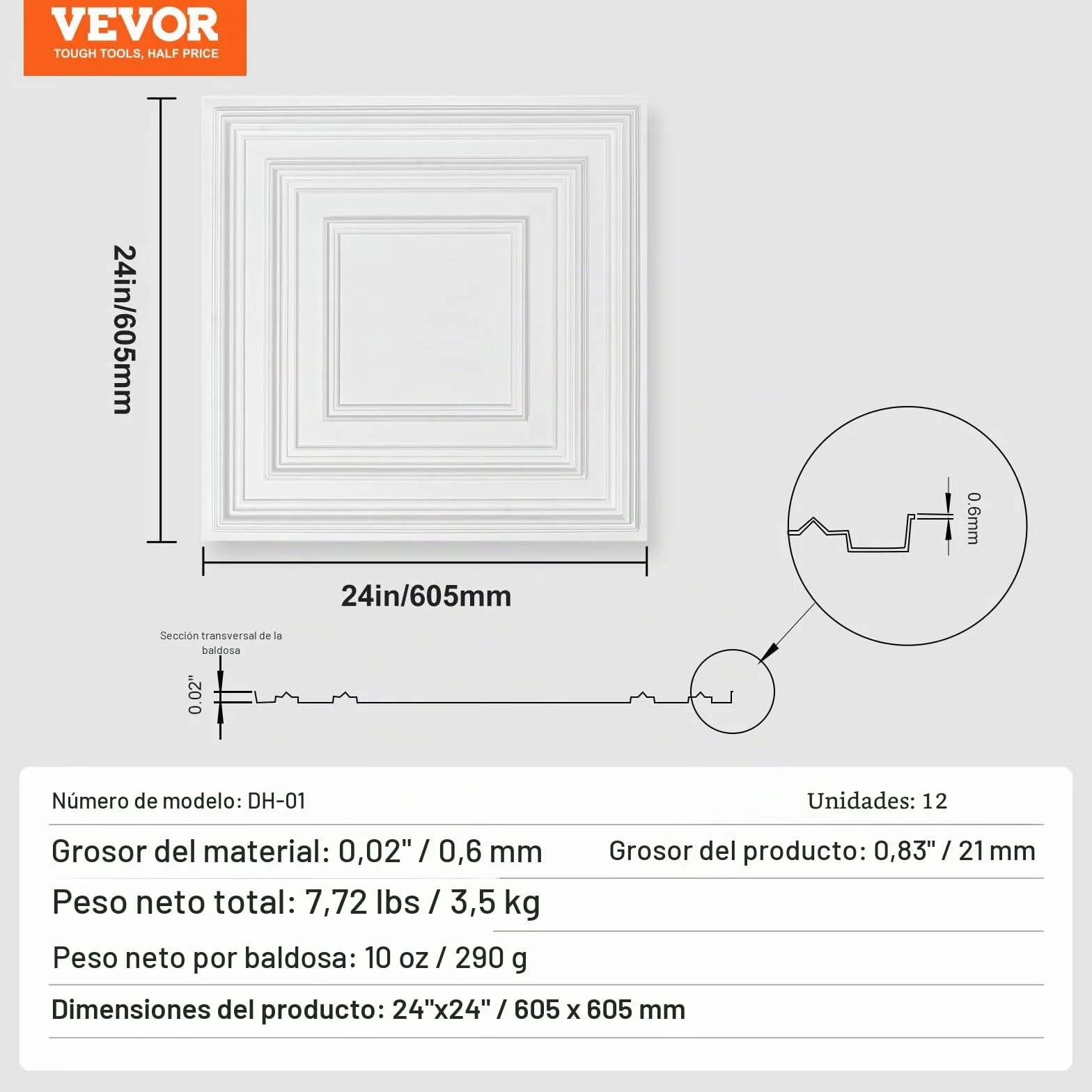 VEVOR Paneles para Techo Suspendidos 605x605 mm PVC Blanco Paquete 12
