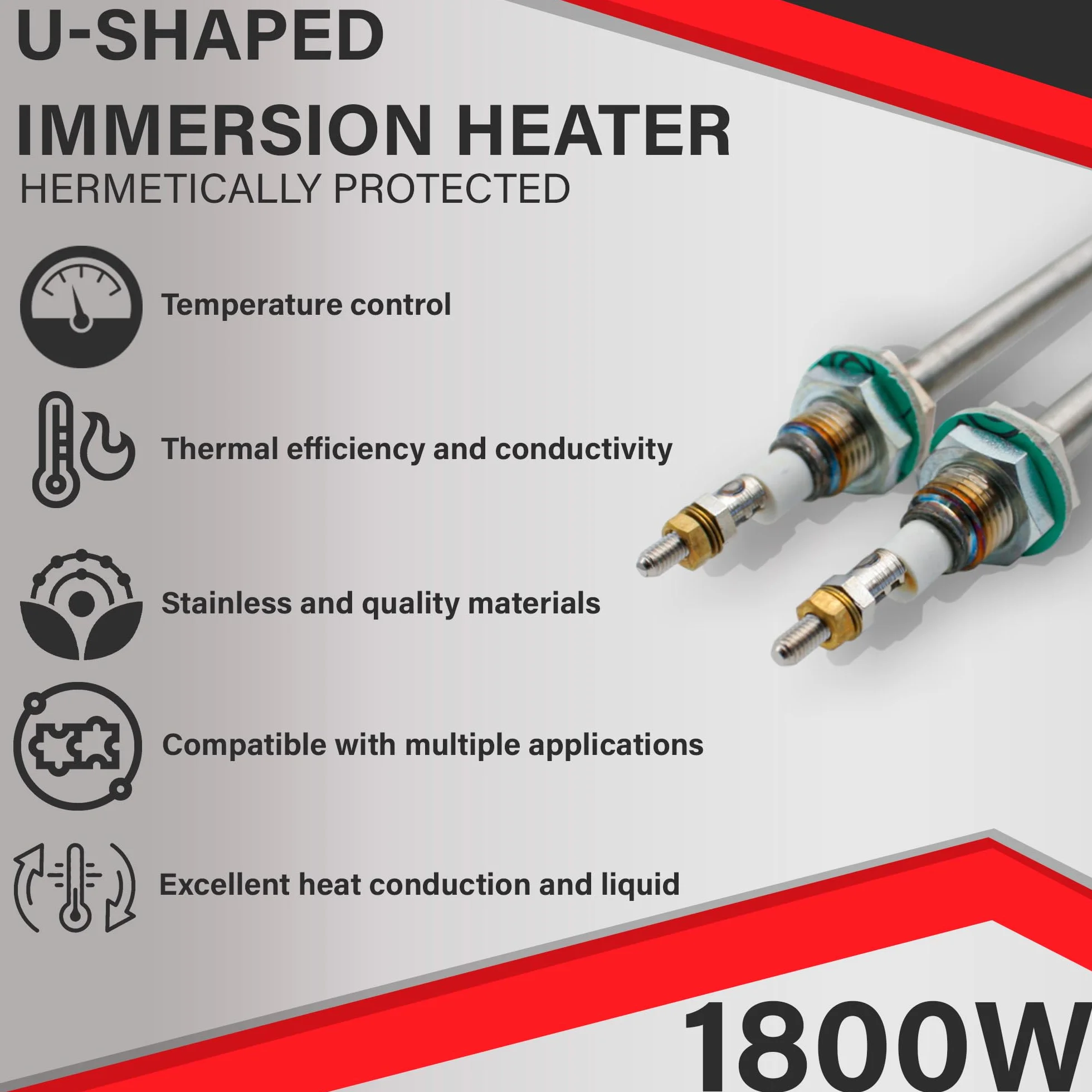 DOJA Barcelona | Resistencia de Inmersión en U | 1800W | Resistencia Para Calentar Liquido | 47cm | Resistencia Calefactora | 230V | Calentador para tanques, calderas, recipientes de almacenamiento