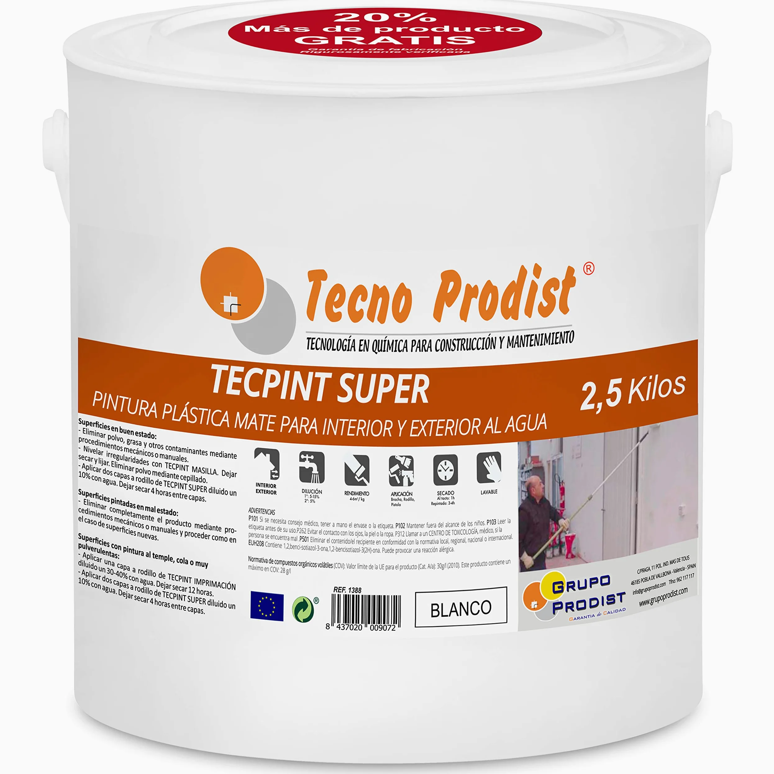 Tecno Prodist TECPINT SÚPER 2,5 Kg (BLANCO) Pintura para Exterior e Interior al Agua - Gran cubrición y blancura - Lavable - Fácil Aplicación