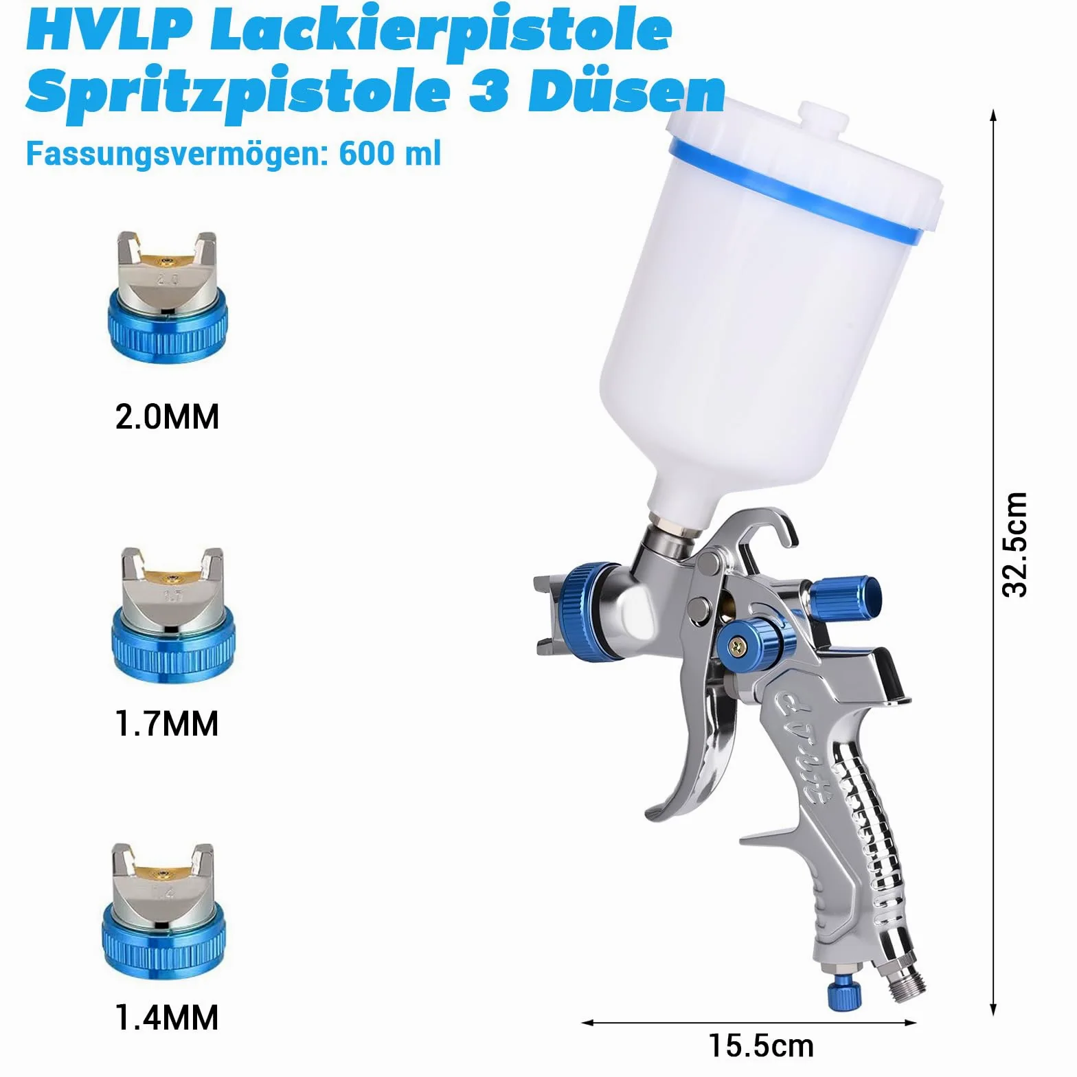 HVLP - Pistola pulverizadora con 3 boquillas (1,4/1,7/2,0 mm) – Pistola de pintura profesional de aire comprimido con vaso de plástico de 600 ml, presión de aire ajustable y flujo, acero