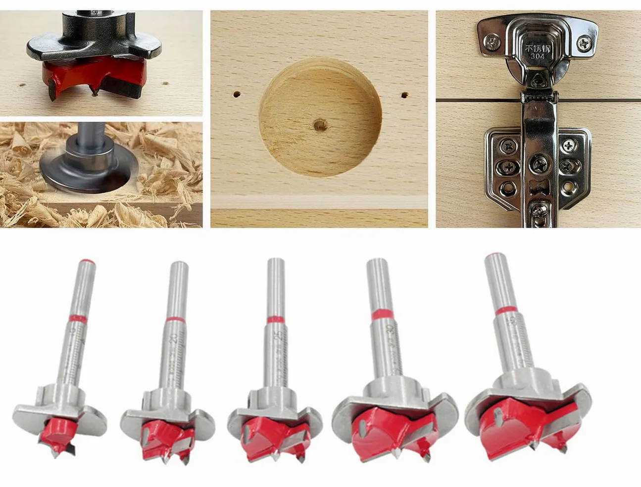 Juego de brocas Forstner, 5 piezas, 15 mm, 20 mm, 25 mm, 30 mm, 35 mm, acero al carbono, posicionamiento ajustable, para trabajar la madera, broca para bisagras, broca para madera blanda y