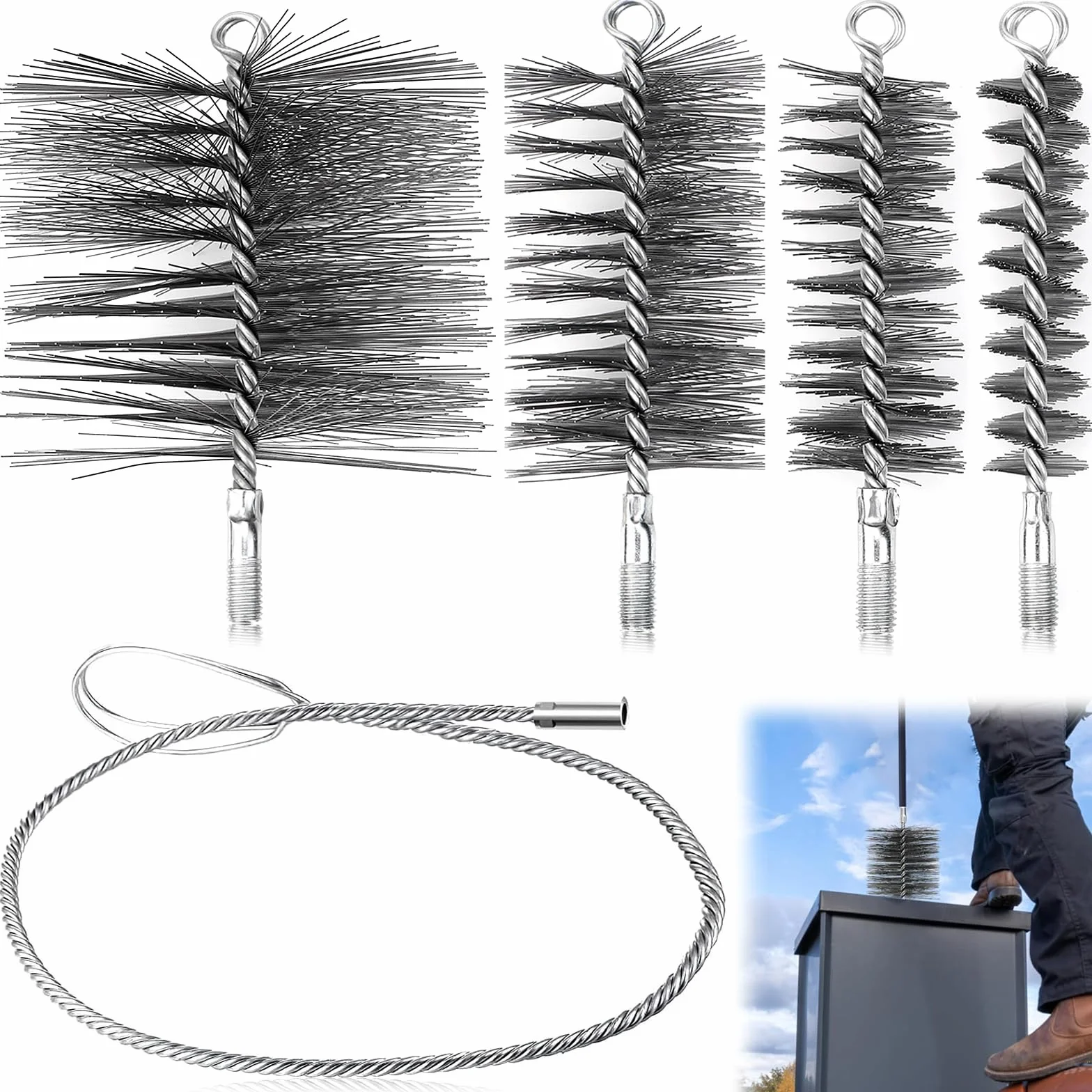 4 PCS Cepillo Deshollinador de Chimeneas 30/50/80/150 mm Cepillos de Tubo de Estuf con Alambre de Acero de 1m para Limpiar Chimeneas, Tuberías, Calderas