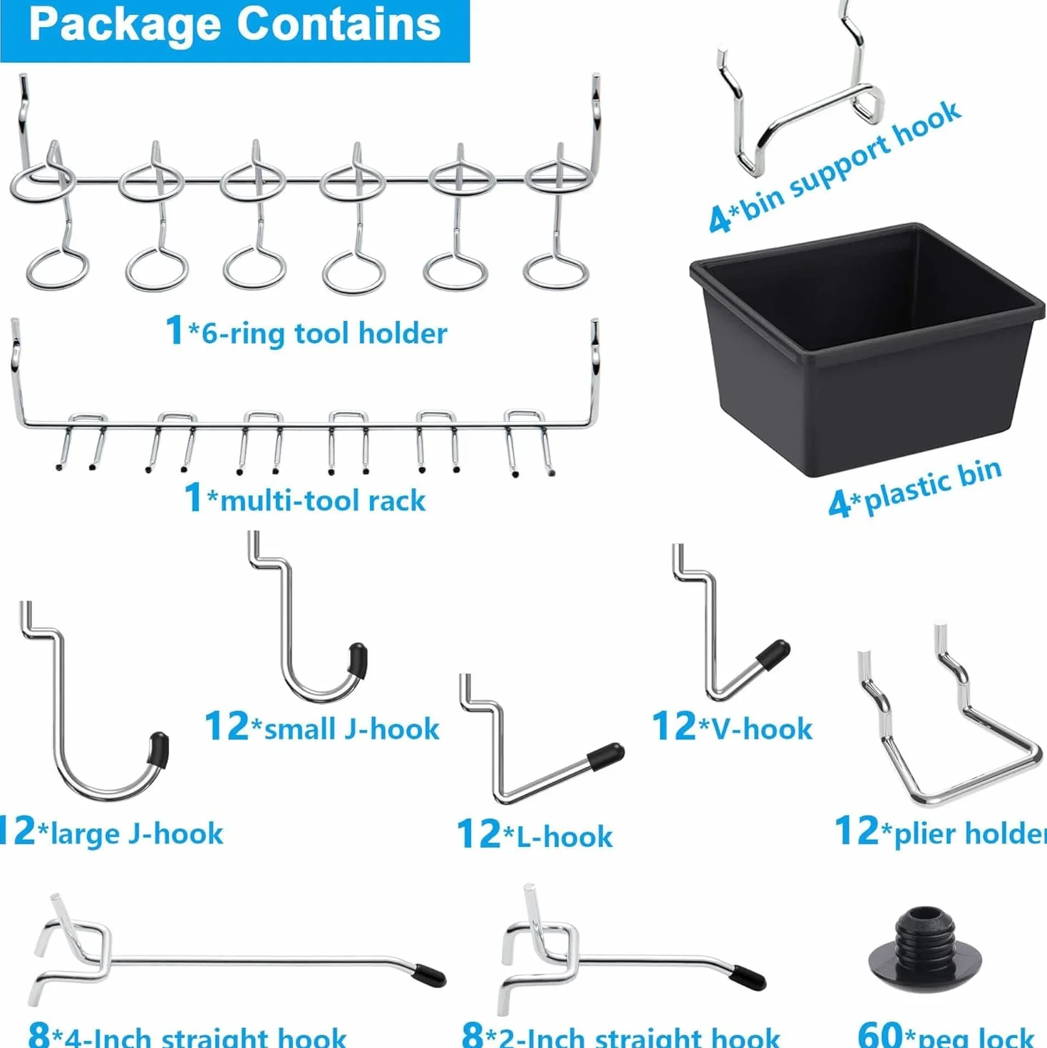 FRIMOONY Variedad de Ganchos para Tablero Perforado, Accesorios para Tablero Perforado, para Organizar Varios Herramientas, 146 Piezas, de las cuales 60 son Cerraduras para Ganchos