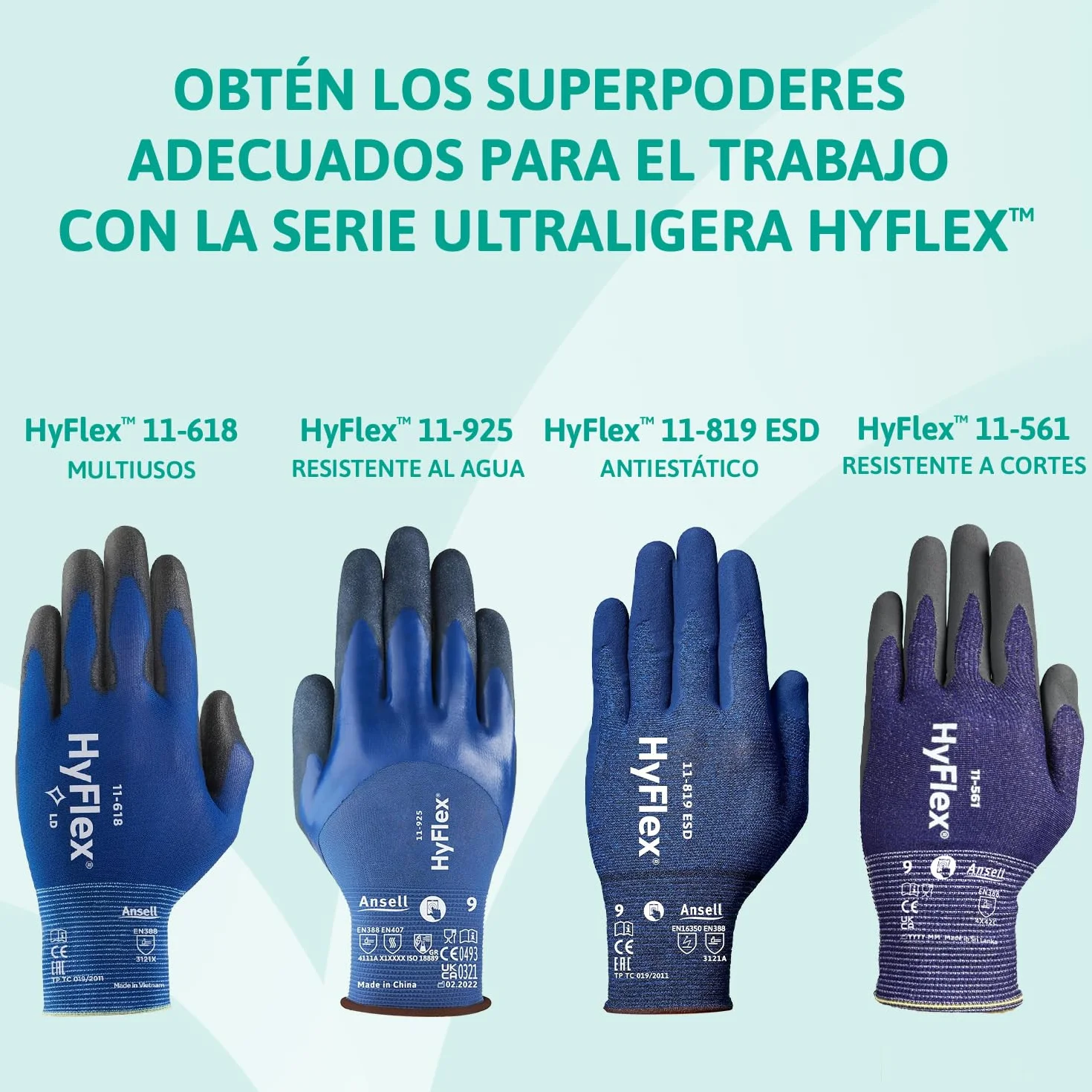Ansell HyFlex 11-819 Guantes Trabajo Electricista Nitrilo ESD Antiestatico Touchscreen Azul Talla L 12 Pares
