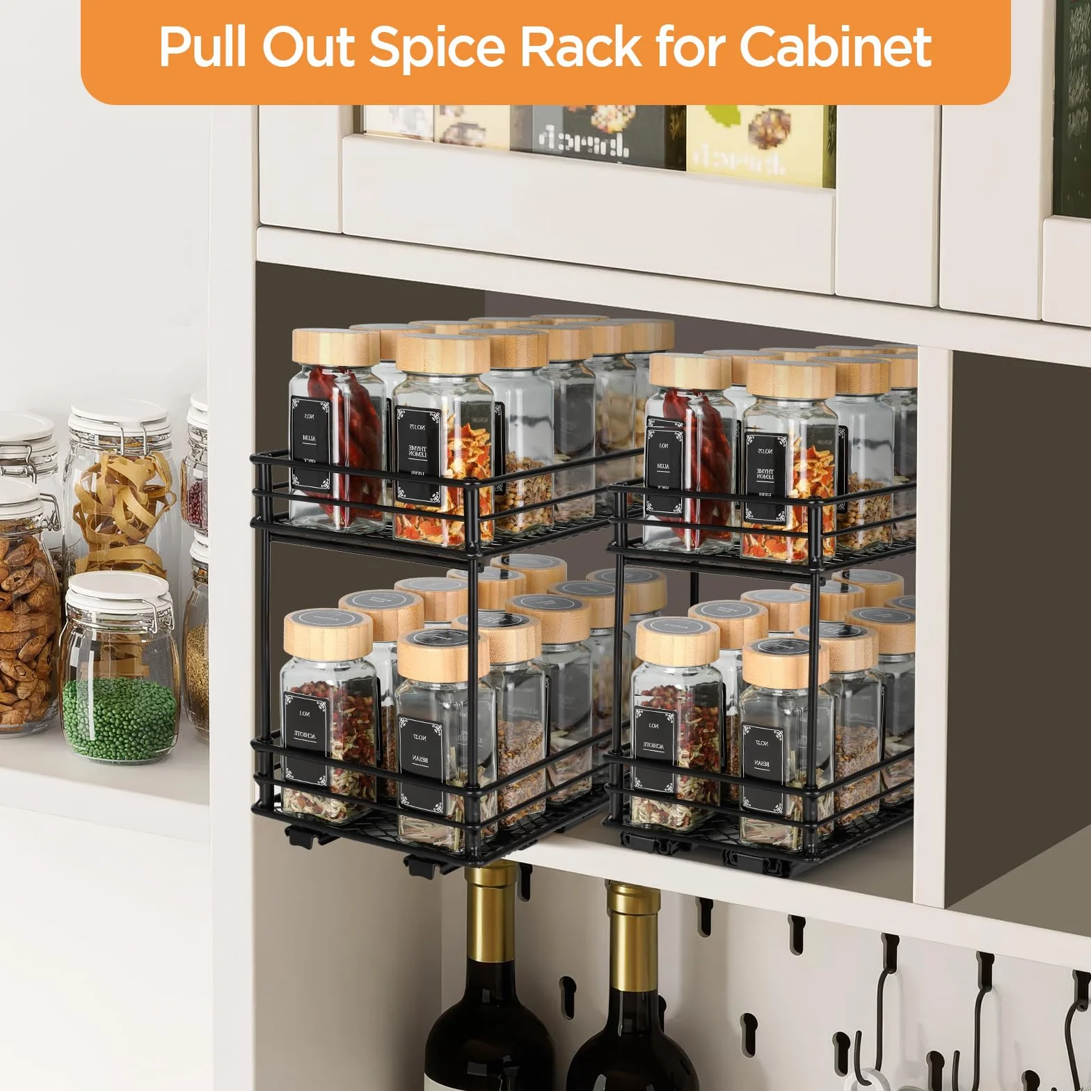 VINATO Organizador Deslizante de Especias de 2 Niveles – Estante para Especias con Guías, Organizador de Cocina para Armario (26x15x21,8 cm)