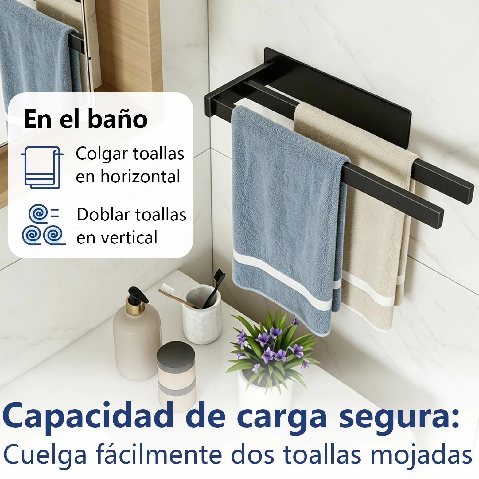 Feligio Toalleros de Baño Sin Taladro Negro 36 cm - Toallero Adhesivo Baño Acero Inoxidable Doble Barra - Fácil Instalación para Cocina y Baño