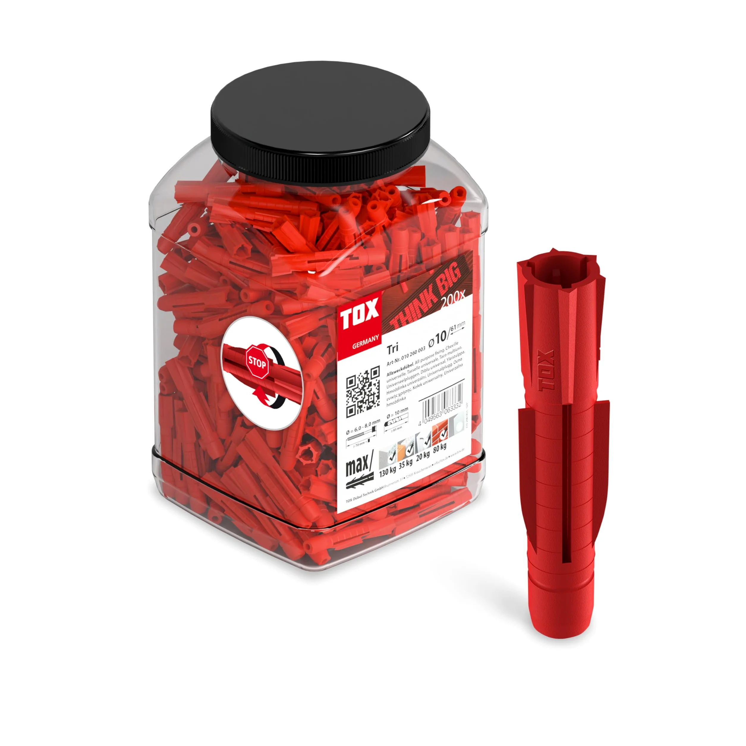 TOX espiga multiuso TRI 10 x 61 mm en Big Pack, espiga para casi todos los materiales de construcción, suministro duradero, 200 piezas en lata redonda versátil e inastillable, 2500 ml, 010260003