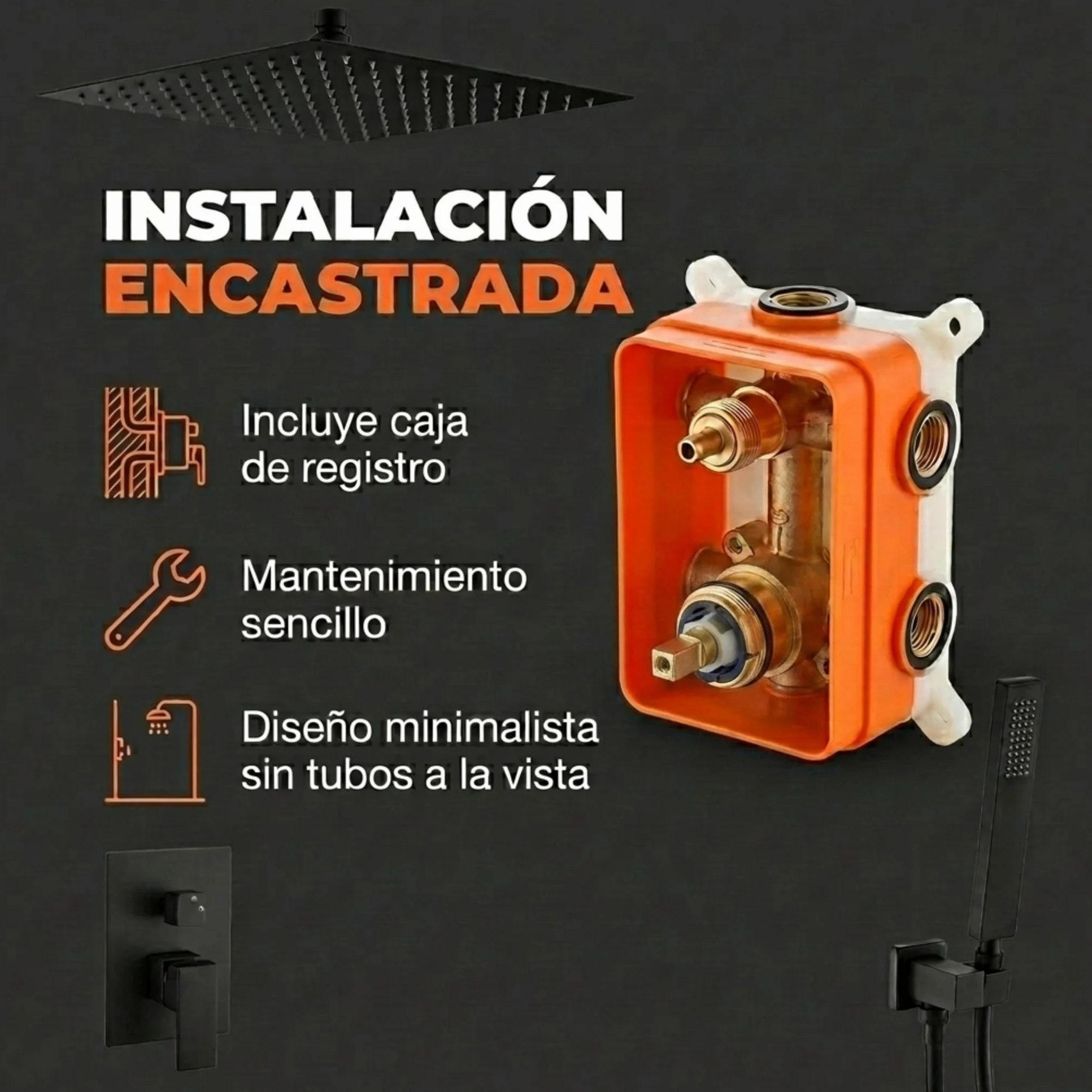 VALAZ Ducha Encastrada Negro Mate | Ducha Monomando 2 Vías, Rociador Efecto Lluvia | Instalación en Techo Fácil y Rápida | Inoxidable, Cuadrada, Rociador 30 cm, Serie Tajo