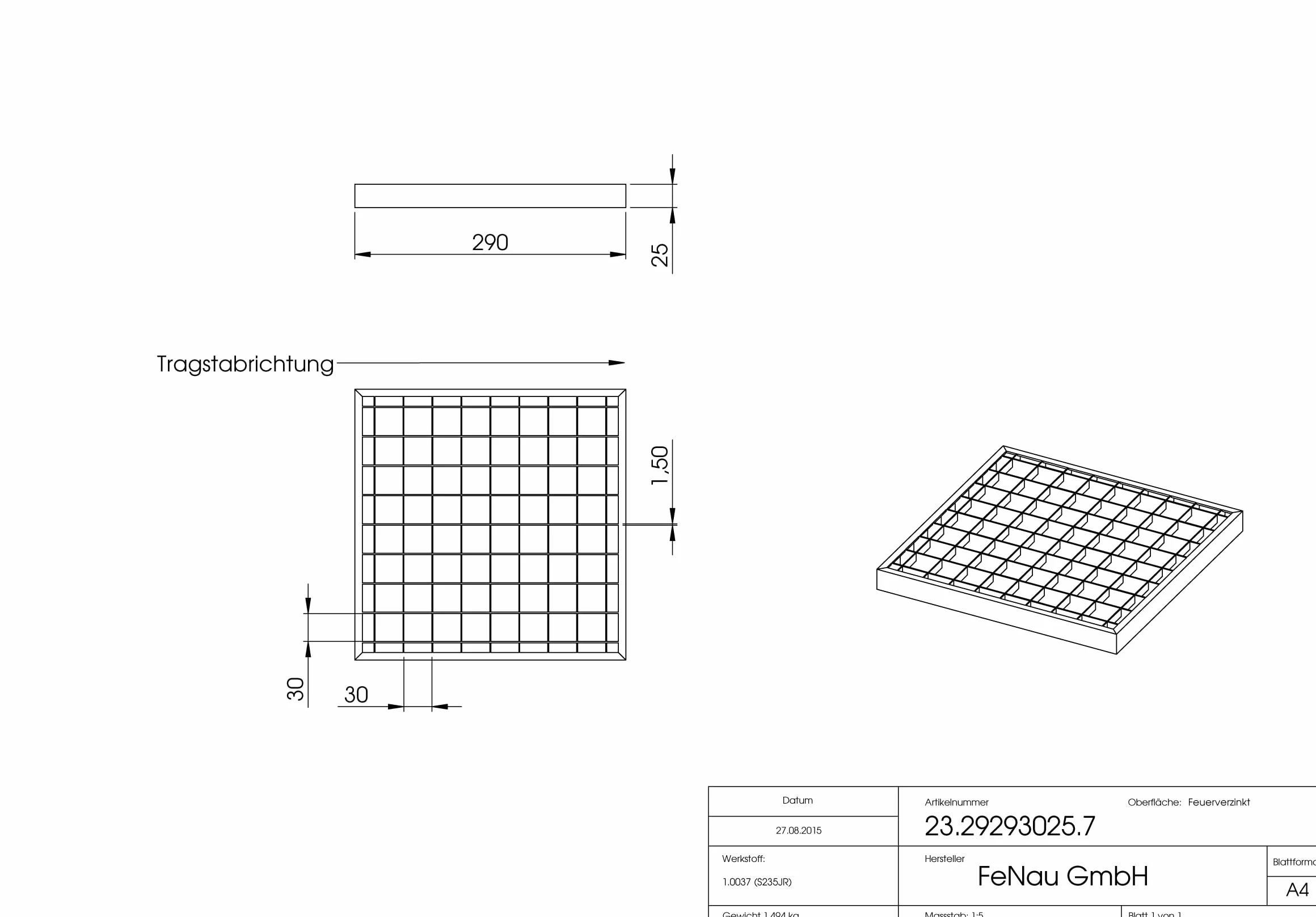 Fenau | Rejilla de acero piso Dimensiones: 290 x 590 x 20 mm - MW: 30 mm / 30 mm (galvanizado en caliente) (Apto para marco: Fenau 300 x 600 x 23 mm)