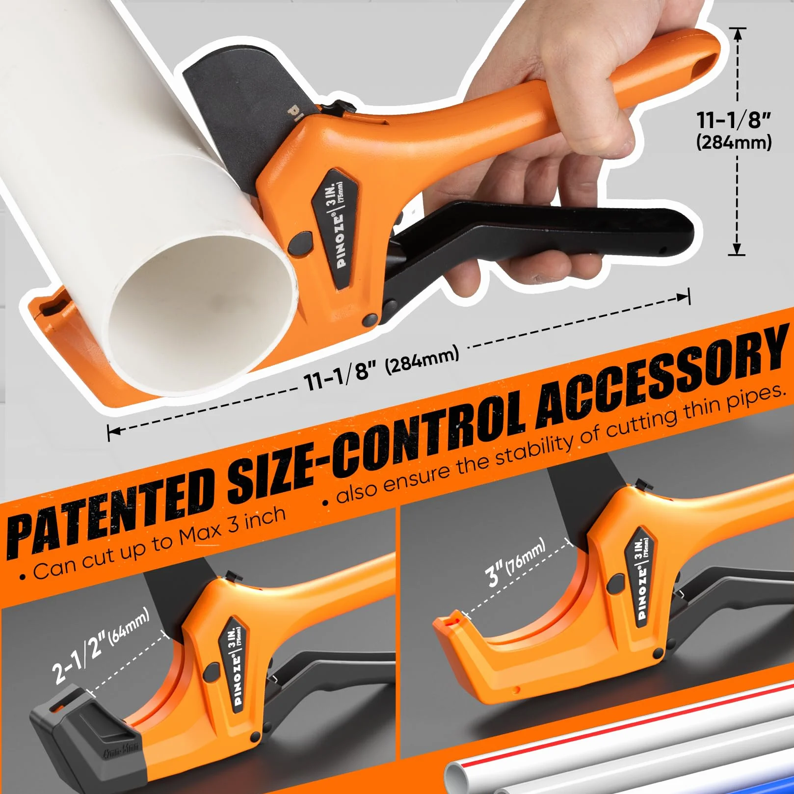 PINOZE Cortador de tubos de PVC que corta hasta 76 mm (3"), herramienta de corte de tubos de trinquete resistente con estabilizador para PVC, PPR, PE, PEX, mangueras de plástico y tuberías de
