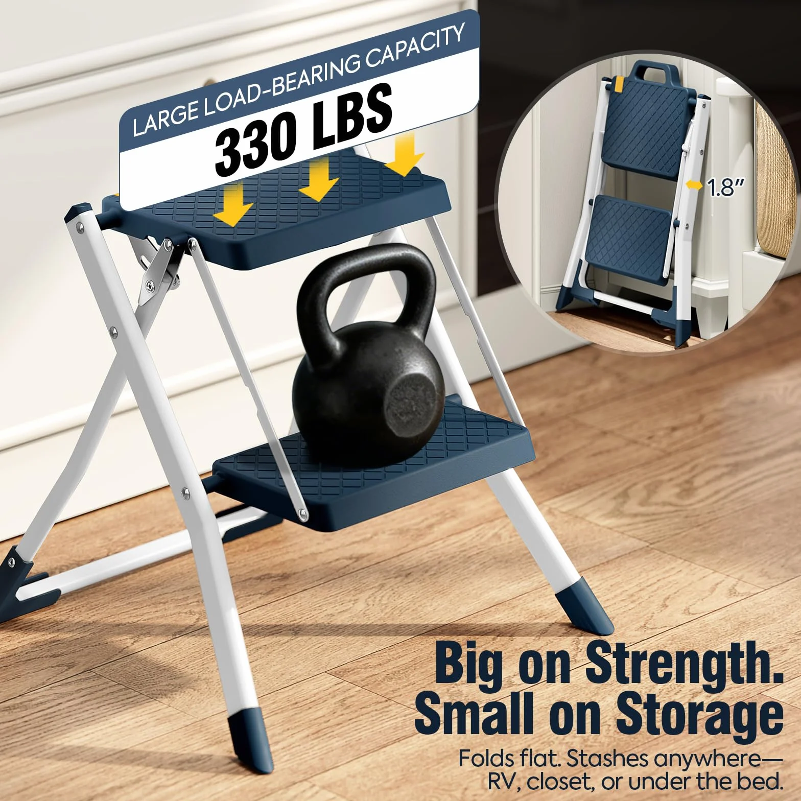 Urackify Escalera de 2 peldaños, Acero Resistente, peldaños Antideslizantes con asa, Plegable Segura con Bases Antideslizantes, Capacidad de Carga 150kg para hogar y Cocina, Azul